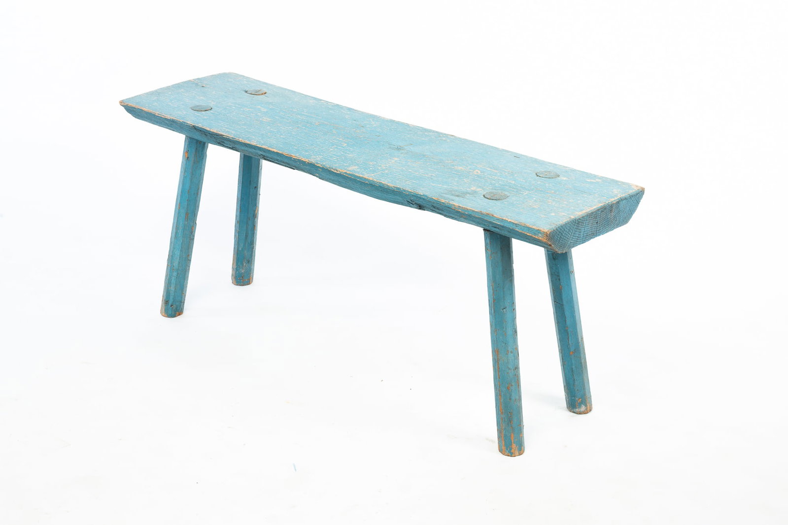 PRIMITIVE BLUE-PAINTED LOG BENCH. (1 of 4)