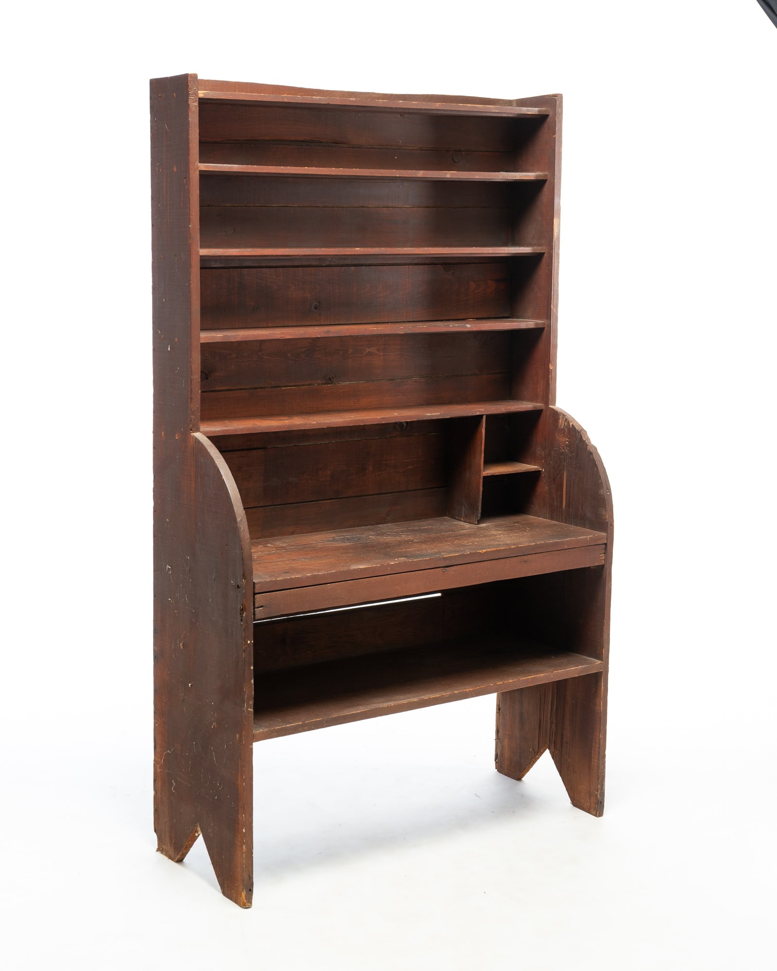 STEPBACK OPEN CUPBOARD TOP BUCKET BENCH WITH ORIGINAL BROWN PAINT. (1 of 5)