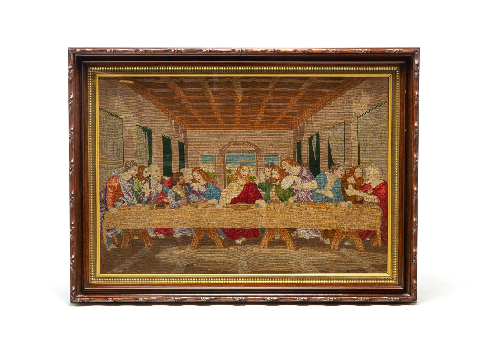 LARGE FRAMED FOLK ART NEEDLEWORK OF LEONARDO DA VINCI'S "THE LAST SUPPER." (1 of 4)