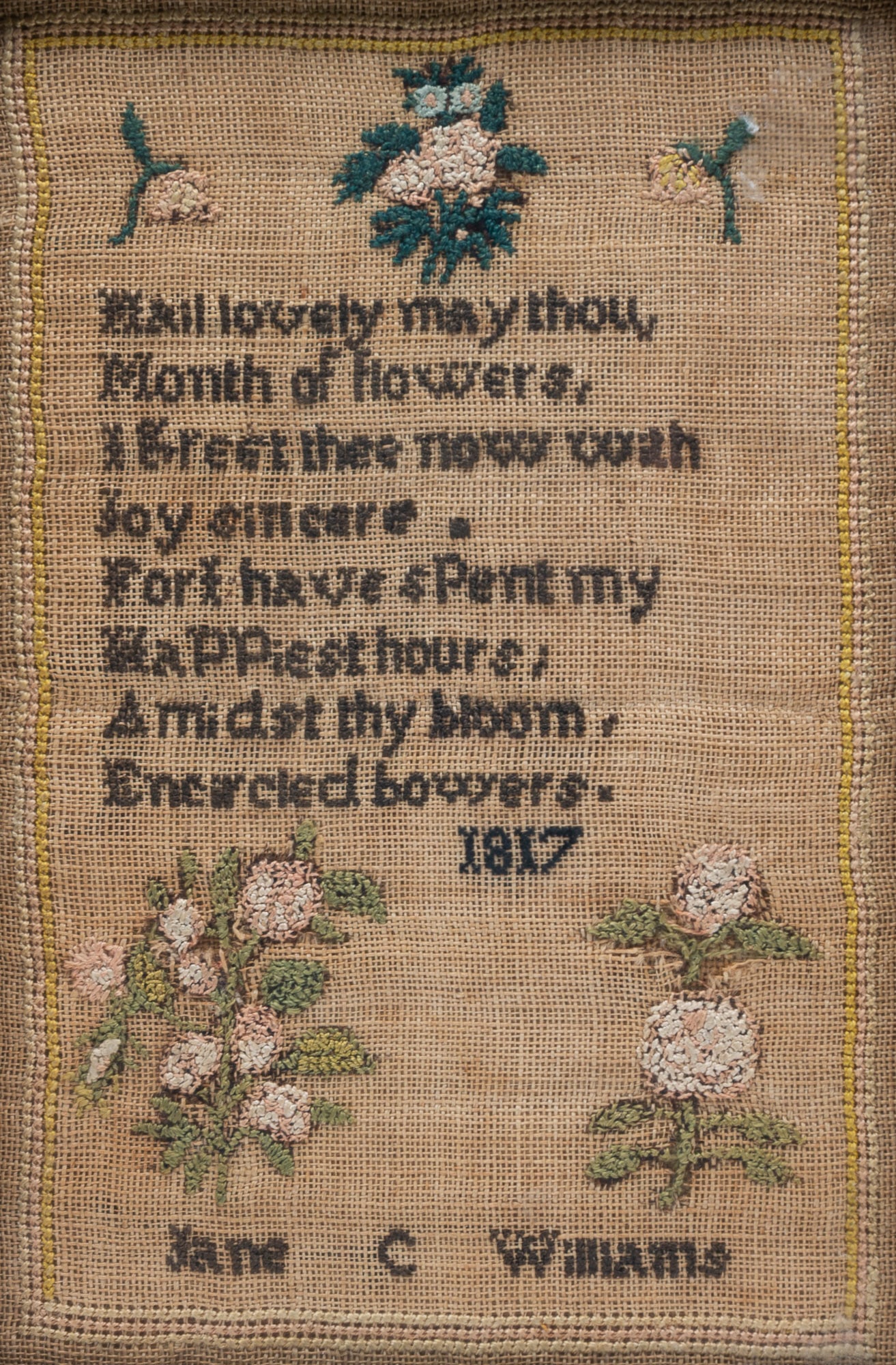 DIMINUTIVE NEEDLEWORK SAMPLER BY JANE C. WILLIAMS, DATED 1817. - 2