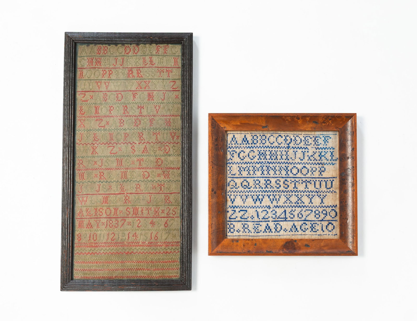 TWO FRAMED NEEDLEWORK0 SAMPLERS.: TWO FRAMED NEEDLEWORK0 SAMPLERS. American, 19th Century. A square sampler with blue thread, rows of alphabets and numerals, and signed "B. READ. AGE 10". Sight, 7.5"h. 8"w. In a bird's eye maple frame