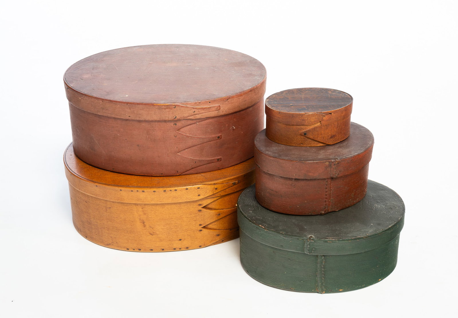 FIVE OVAL BENTWOOD STORAGE BOXES. (1 of 4)