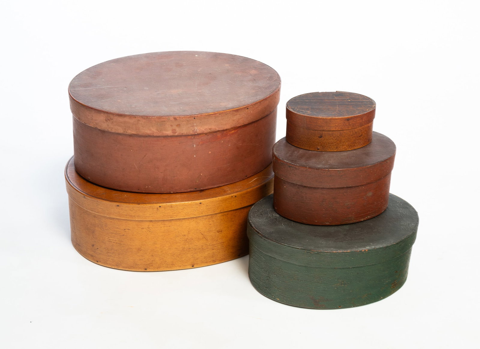 FIVE OVAL BENTWOOD STORAGE BOXES. - 2