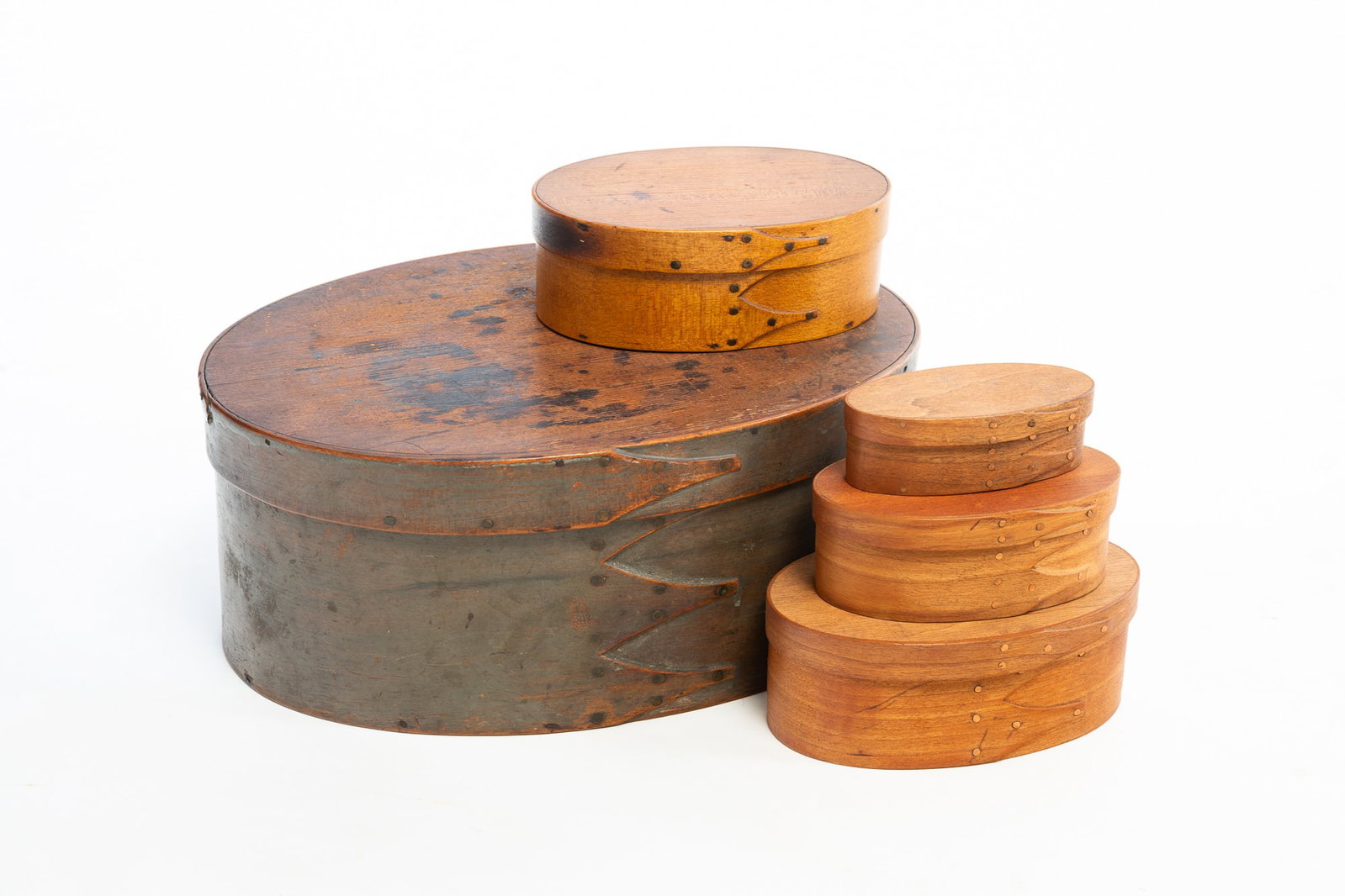FIVE OVAL BENTWOOD STORAGE BOXES. (1 of 6)