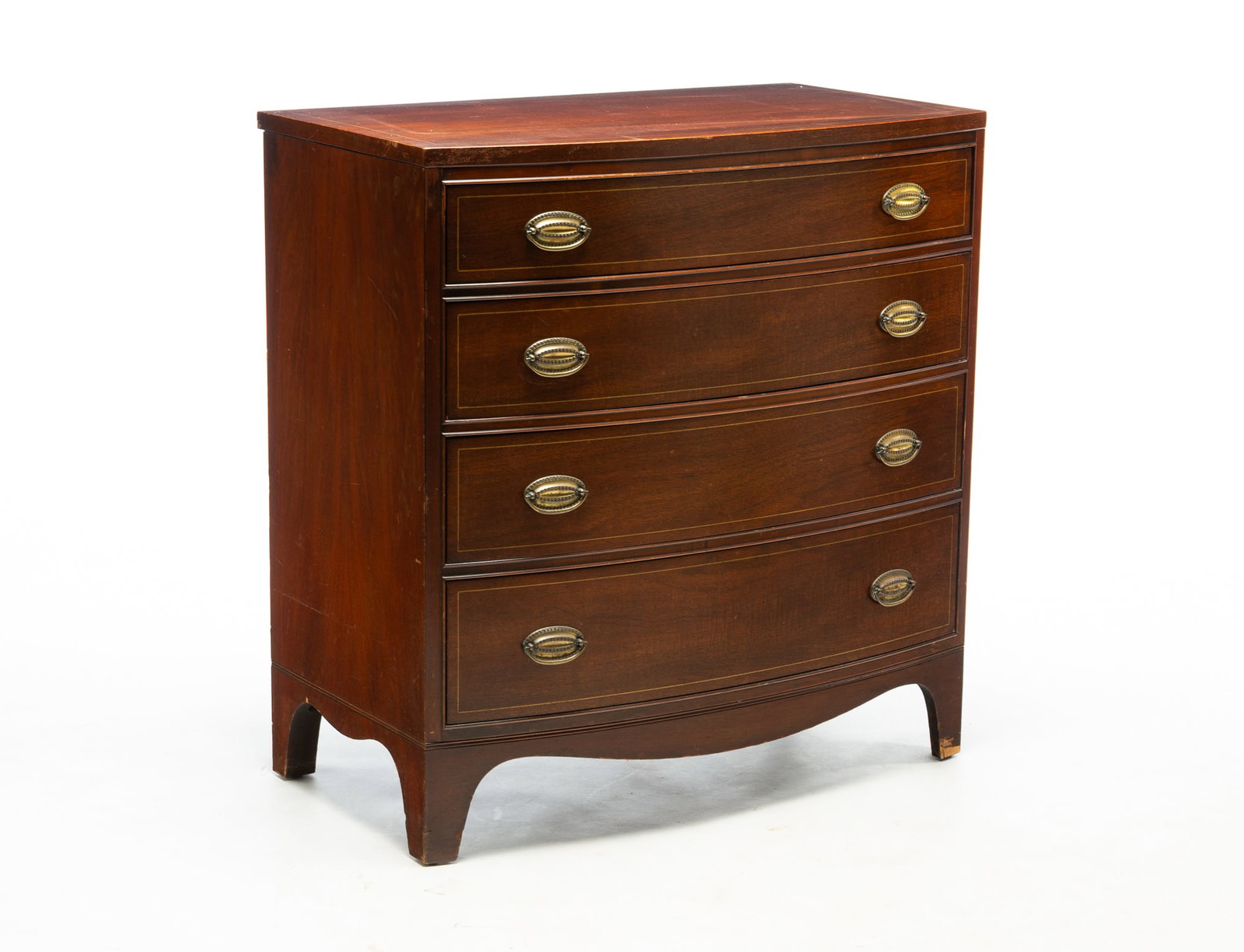 DIMINUTIVE HENREDON HEPPLEWHITE STYLE STRING-INLAID MAHOGANY BOWFRONT CHEST. (1 of 7)