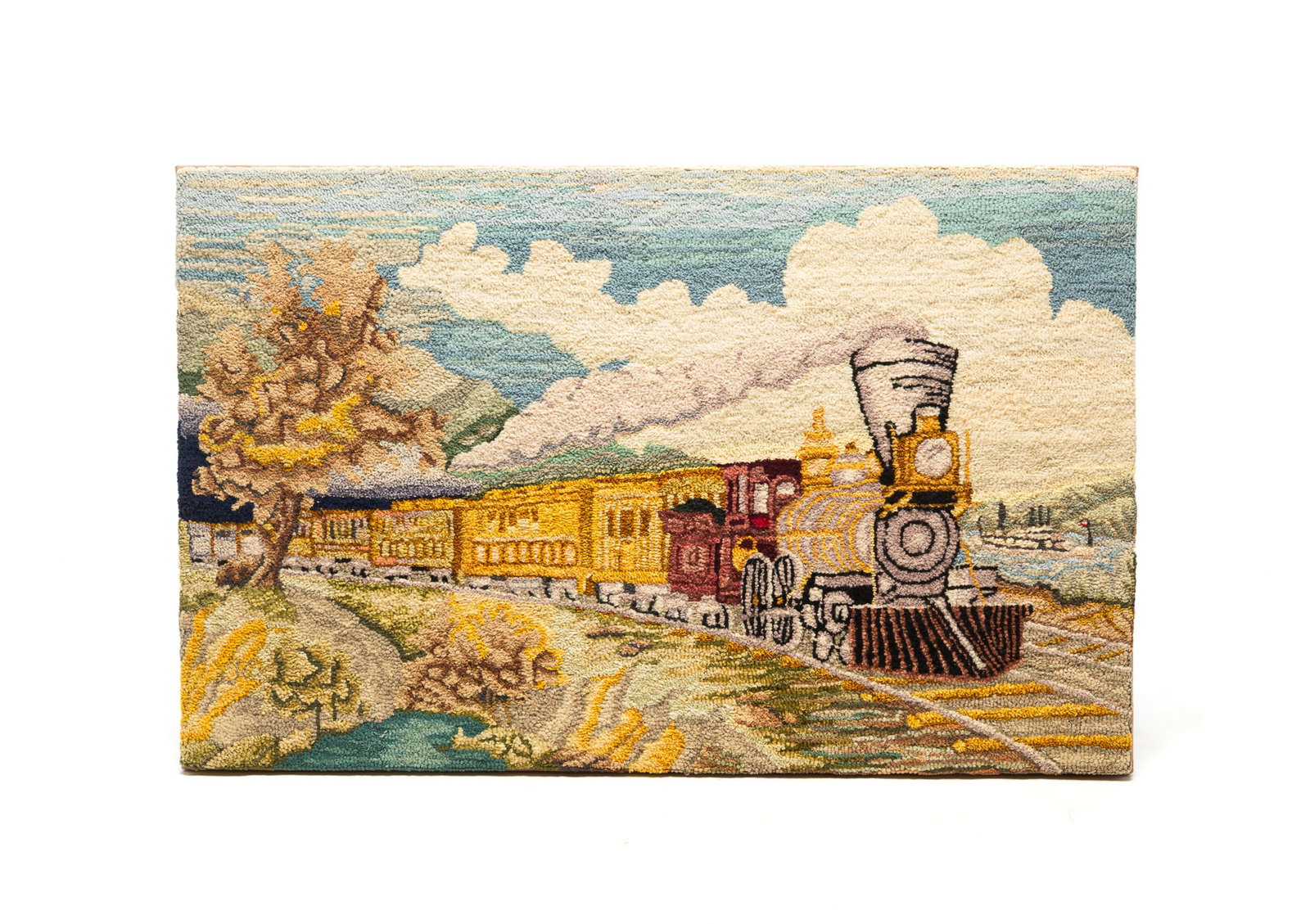 HOOKED RUG WITH STEAM ENGINE SCENE. (1 of 4)