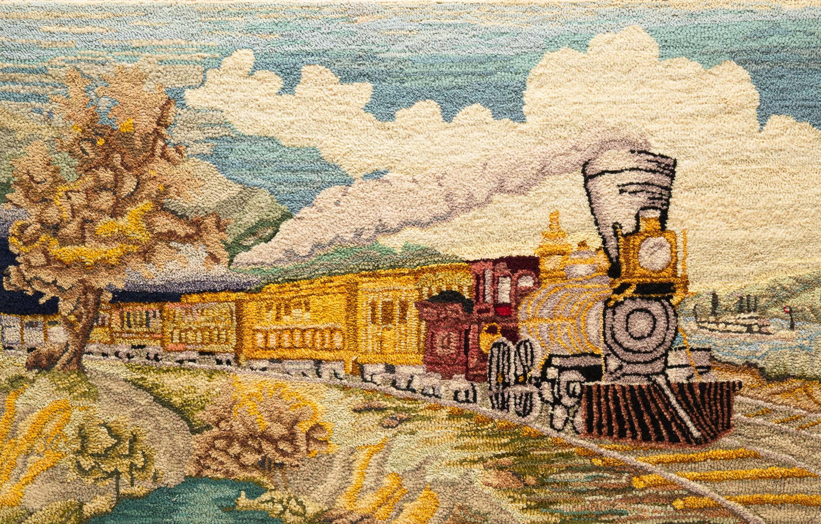 HOOKED RUG WITH STEAM ENGINE SCENE. - 2