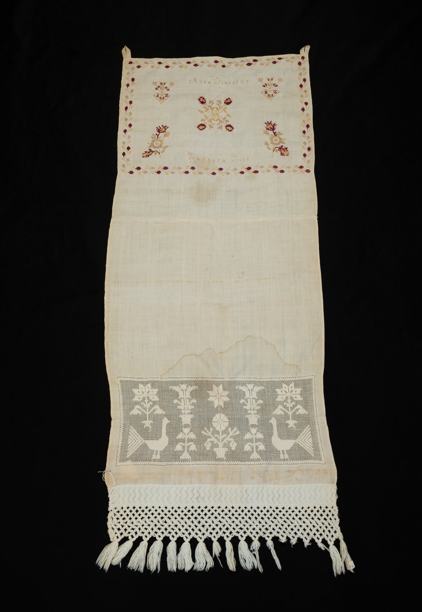 ANNA STOLSFUS AND BARBARA ZOOK NEEDLEWORK LINEN SHOW TOWEL, DATED 1807. (1 of 3)
