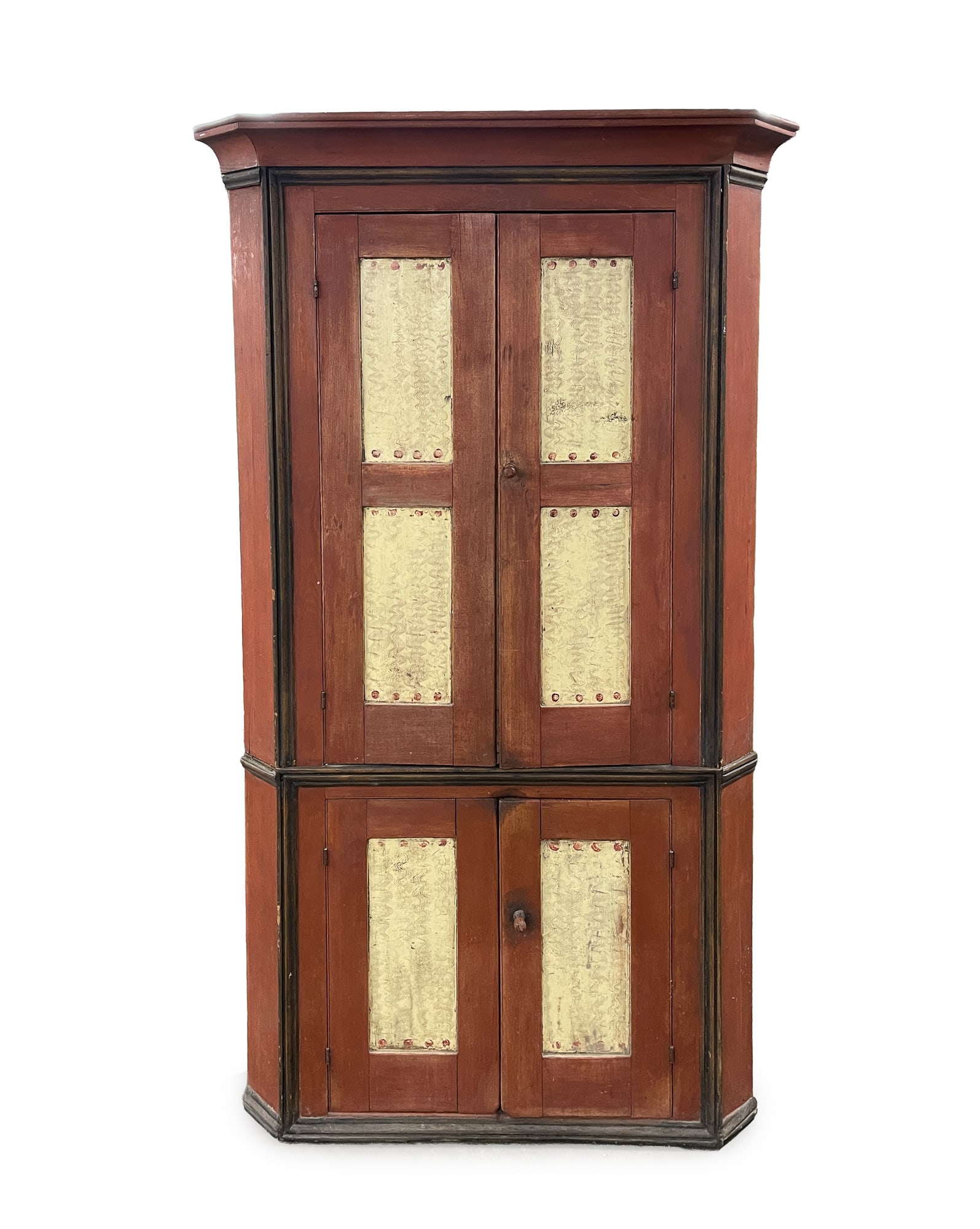 TWO-PIECE CORNER CUPBOARD WITH COMBED PAINT DECORATION. (1 of 5)