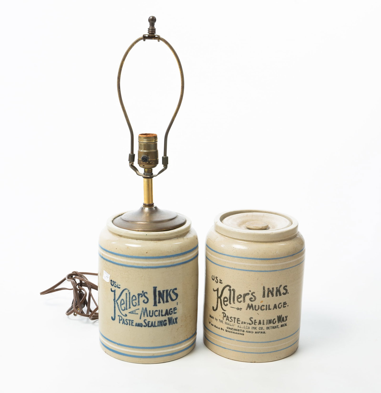 TWO KELLER'S INKS DECORATED STONEWARE ADVERTISING JARS. (1 of 4)