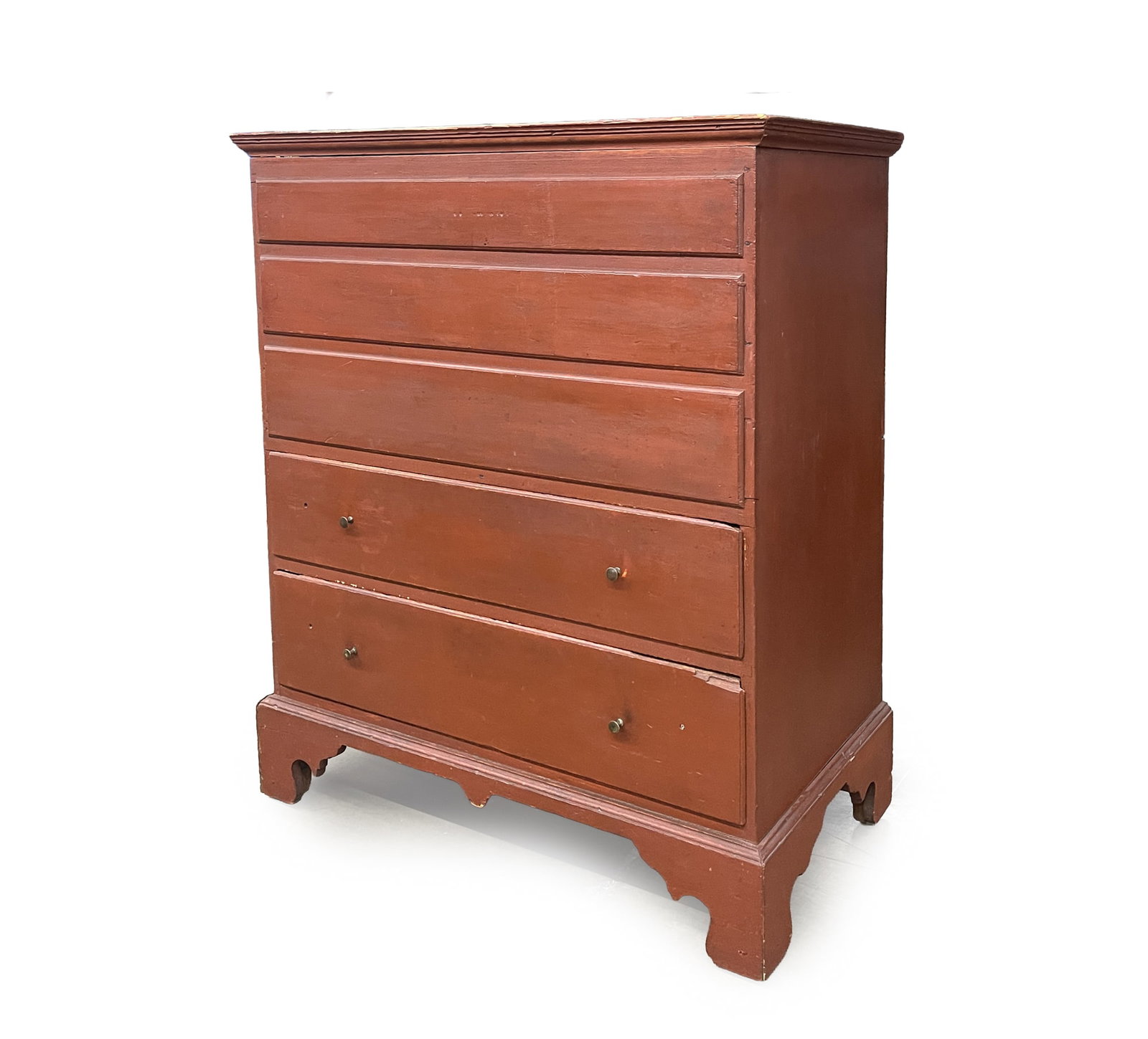 NEW ENGLAND CHIPPENDALE MULE CHEST WITH REDDISH-BROWN PAINT. (1 of 8)