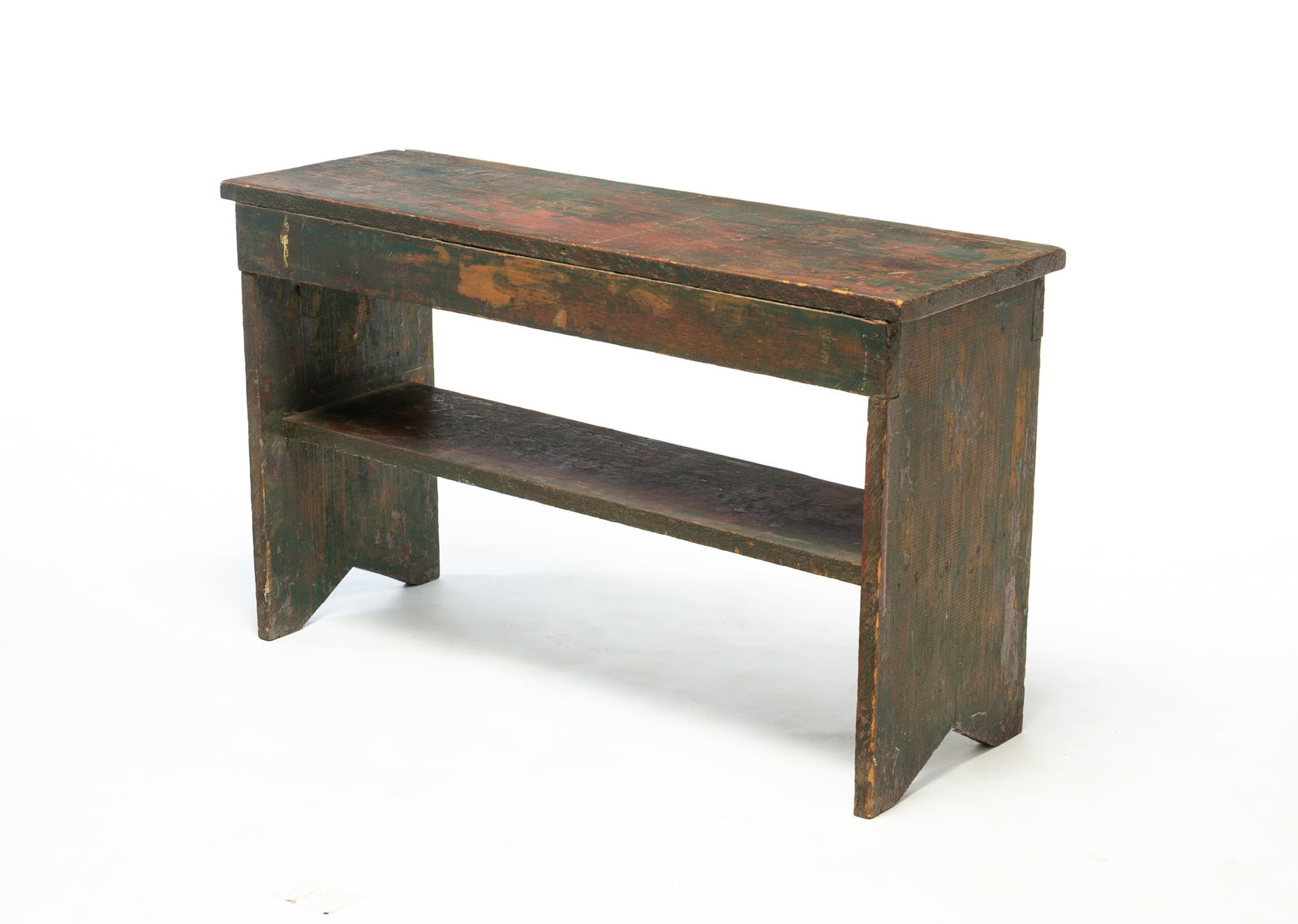 CROCK BENCH IN LAYERED GREEN PAINT. - 2