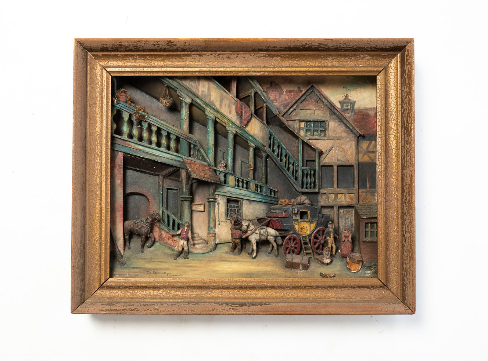 DETAILED FOLK ART DIORAMA OF A DEPARTING STAGECOACH TITLED "THE DEPARTURE" AND SIGNED R. BRINKMAN. (1 of 5)
