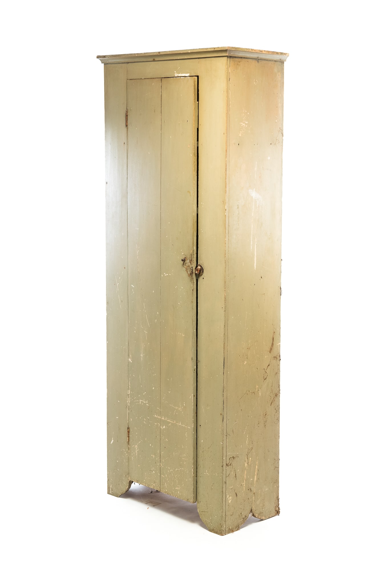 FLAT WALL CUPBOARD WITH PUTTY COLORED PAINT.: FLAT WALL CUPBOARD WITH PUTTY COLORED PAINT. American, 19th Century. Painted poplar. Cove molded cornice, simple square nail construction, bootjack ends, two-board door, and five interior shelves.