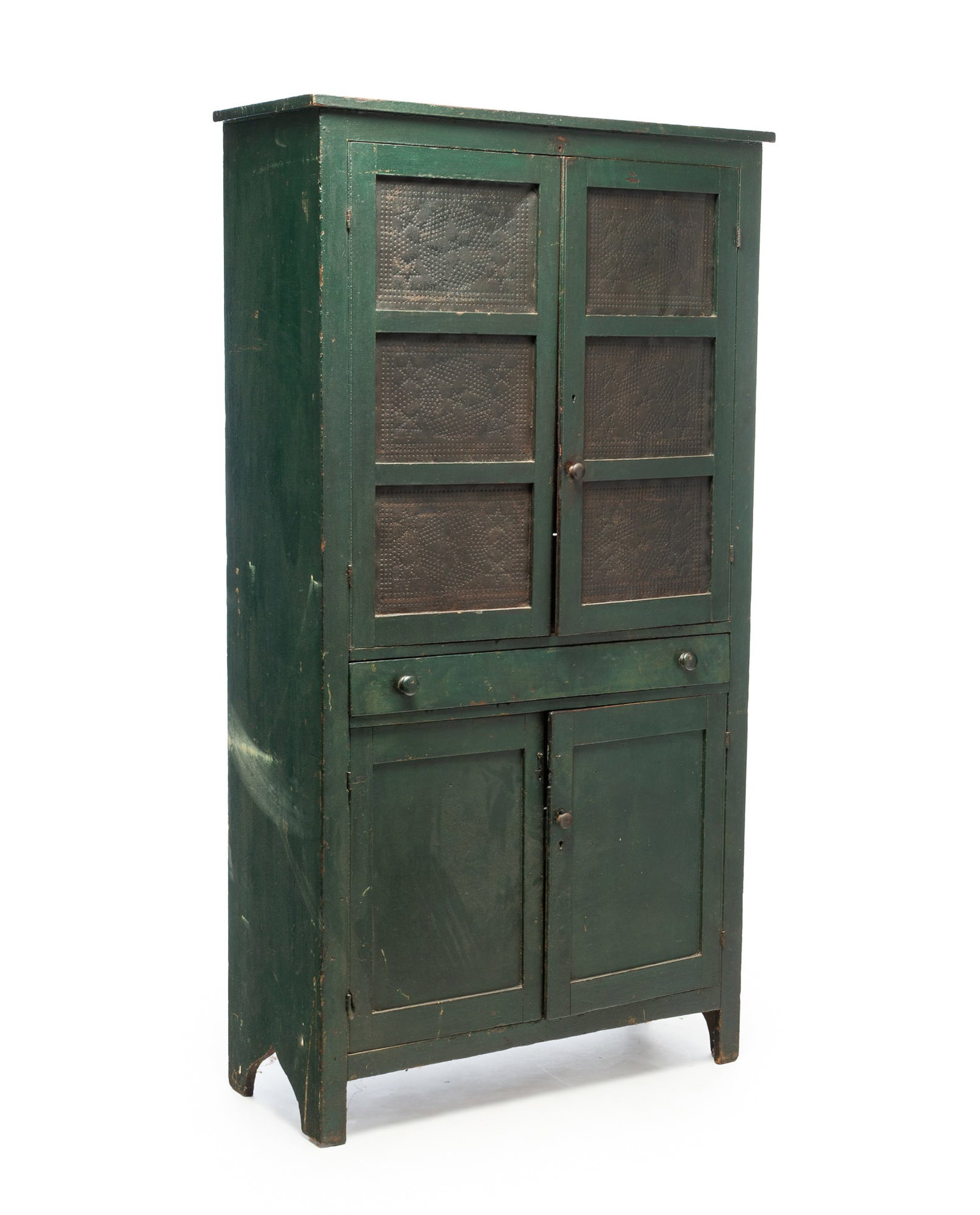 TALL PUNCHED TIN PIE SAFE CABINET WITH DARK GREEN PAINT. (1 of 6)
