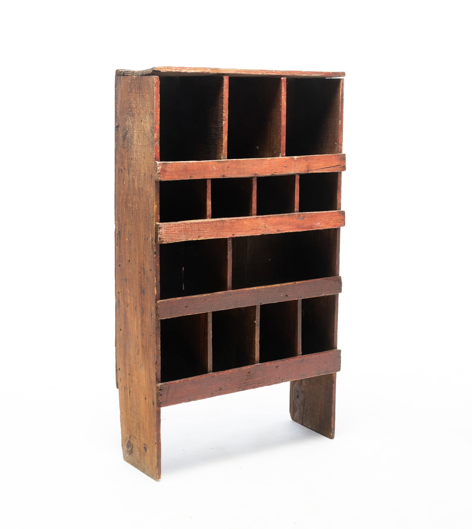 PRIMITIVE RED-PAINTED PINE PIGEONHOLE CABINET. (1 of 4)
