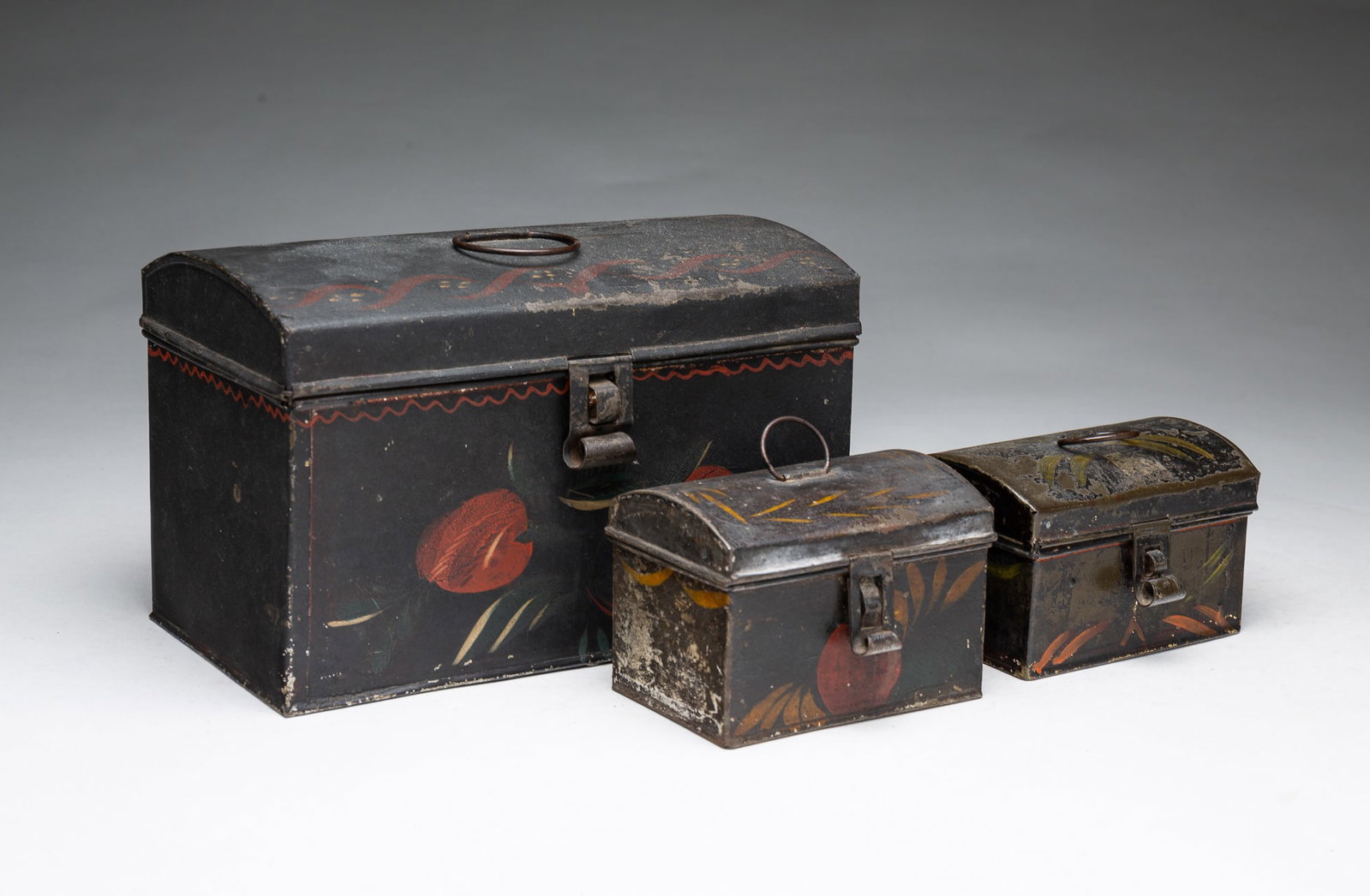 THREE TOLE DECORATED DOCUMENT BOXES. (1 of 7)