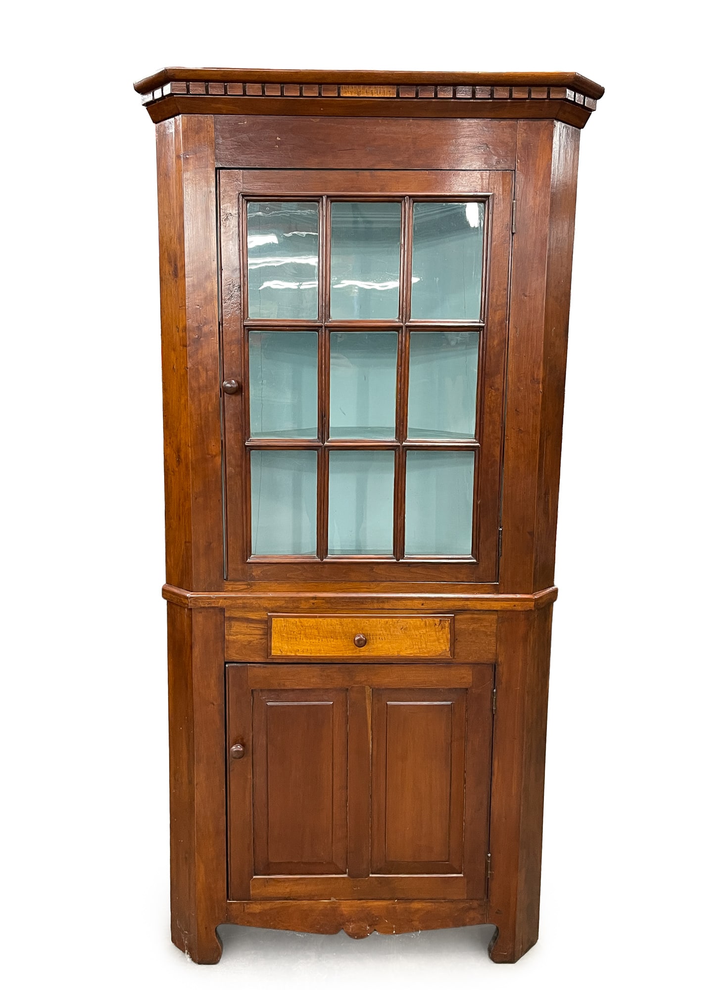 TWO-PIECE CHERRY AND TIGER MAPLE CORNER CUPBOARD. (1 of 7)