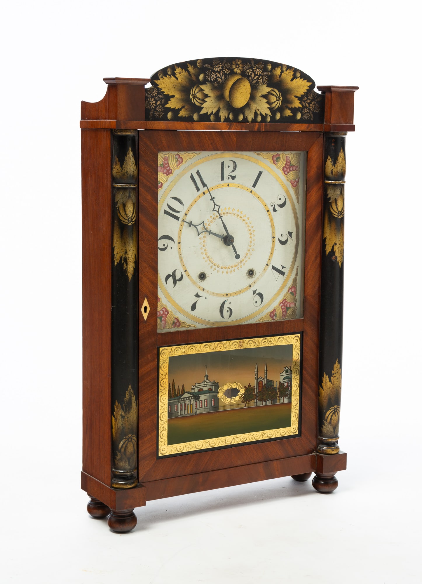 SETH THOMAS DOUBLE-DECKER MANTLE CLOCK WITH REVERSE-PAINTED GLASS. (1 of 6)
