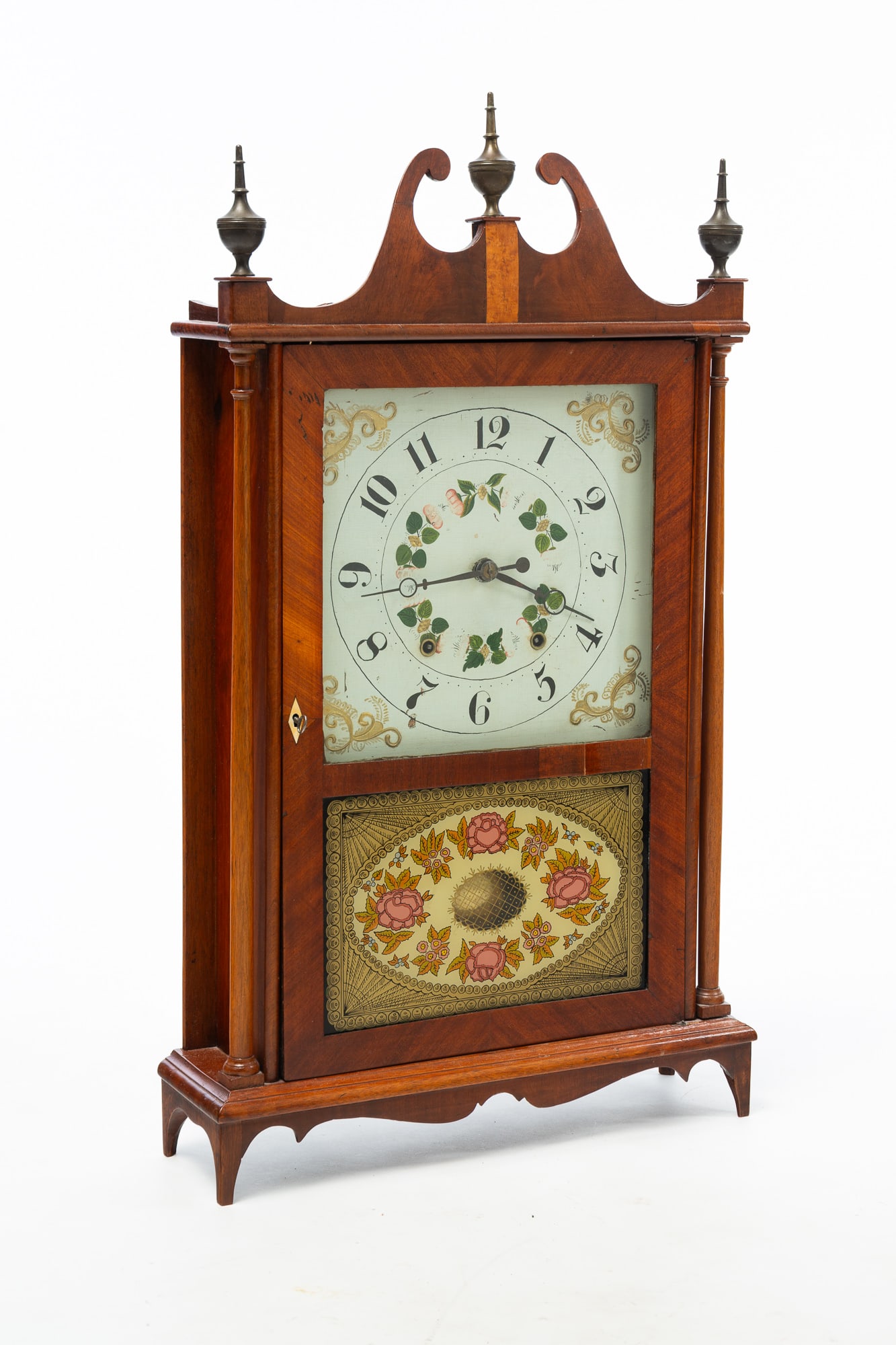 PILLAR AND SCROLL MANTLE CLOCK WITH REVERSE PAINTED TABLET. (1 of 6)