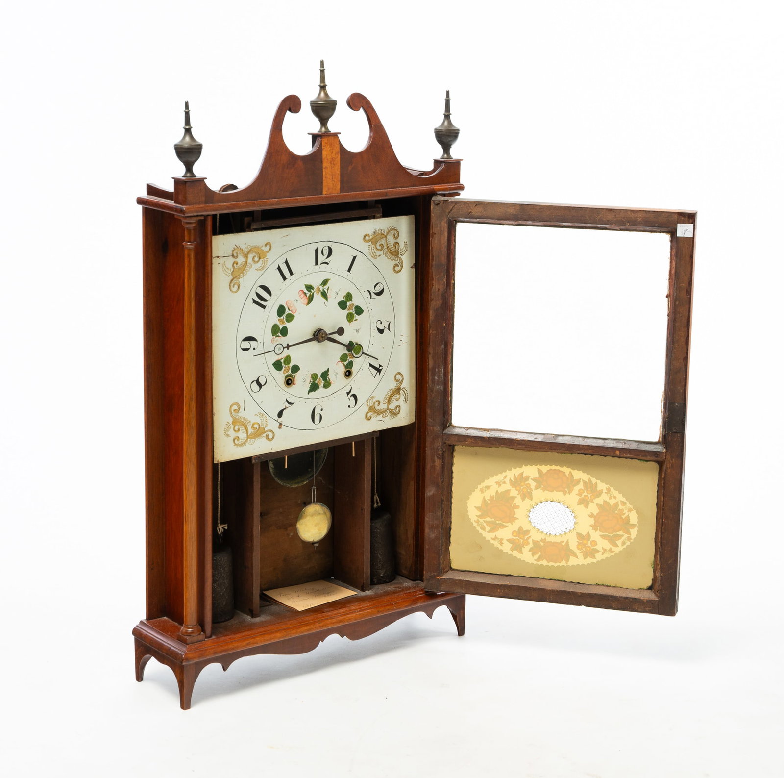 PILLAR AND SCROLL MANTLE CLOCK WITH REVERSE PAINTED TABLET. - 2