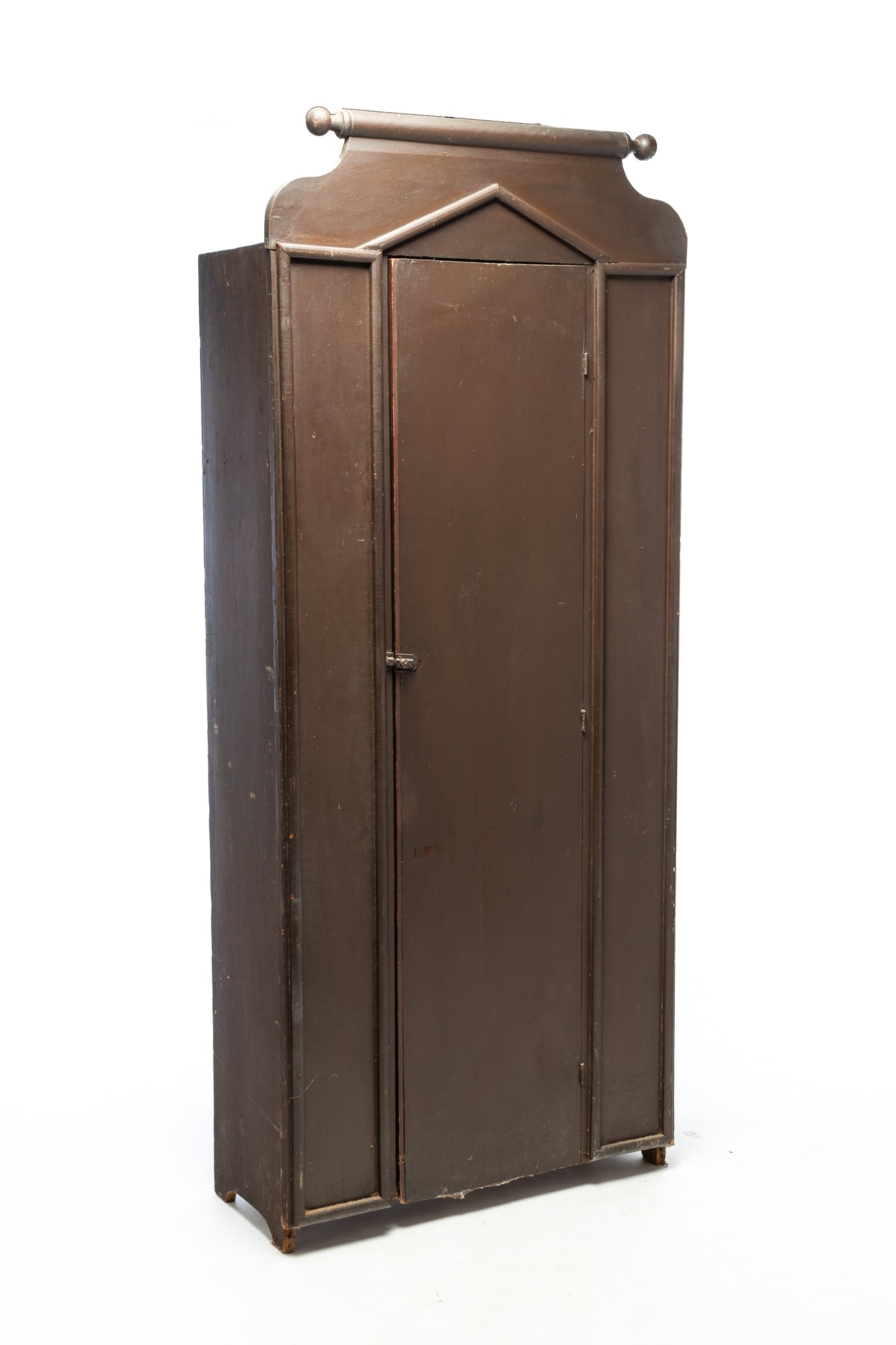 INTERESTING FLAT WALL CUPBOARD WITH DARK BROWN PAINT. (1 of 6)