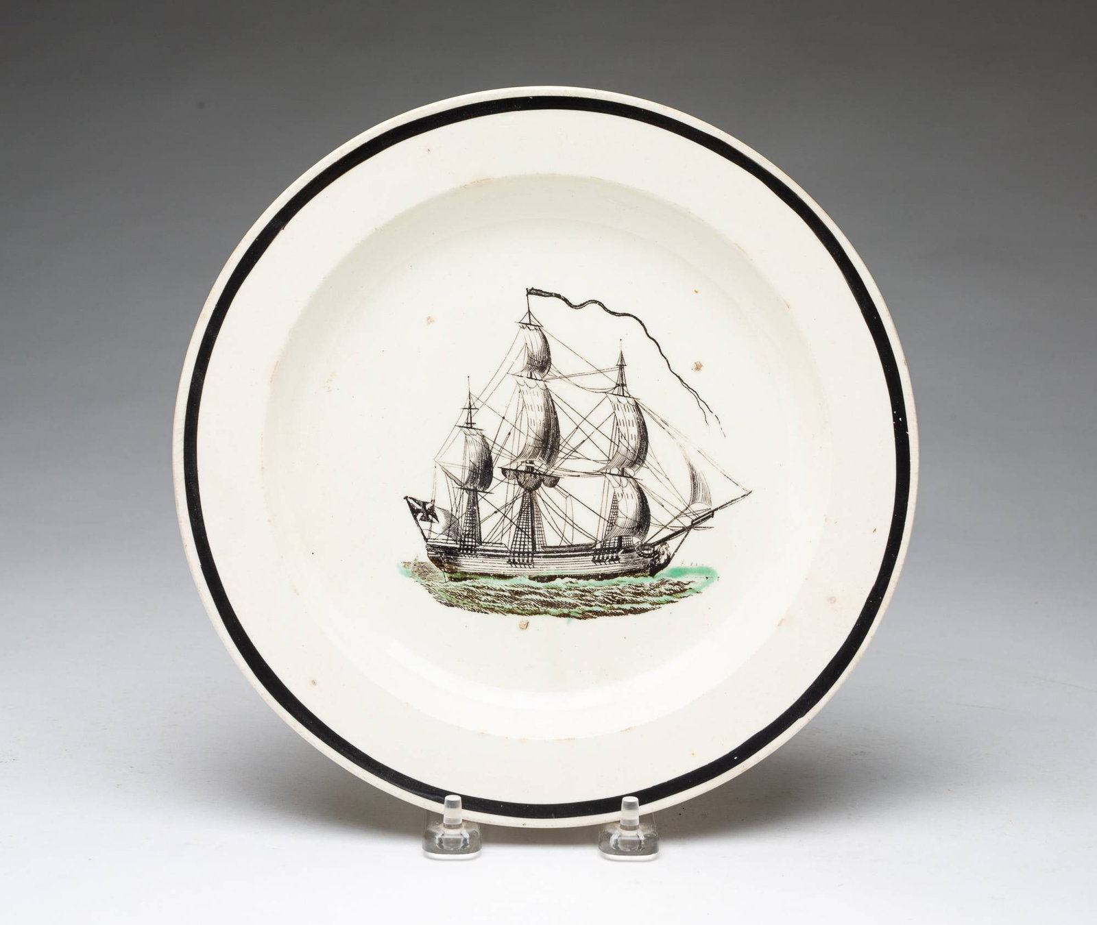 SOFT PASTE PLATE DECORATED WITH A MASTED SHIP. (1 of 4)