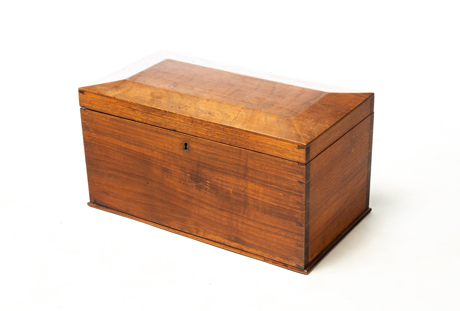 WALNUT DOCUMENT BOX.: WALNUT DOCUMENT BOX. American, 19th Century. Hinged beveled lid that opens to a divided interior, dovetailed case, and original brass escutcheon. 8.25"h. 16"w. 8.75"d. Provenance: From the Lifetime