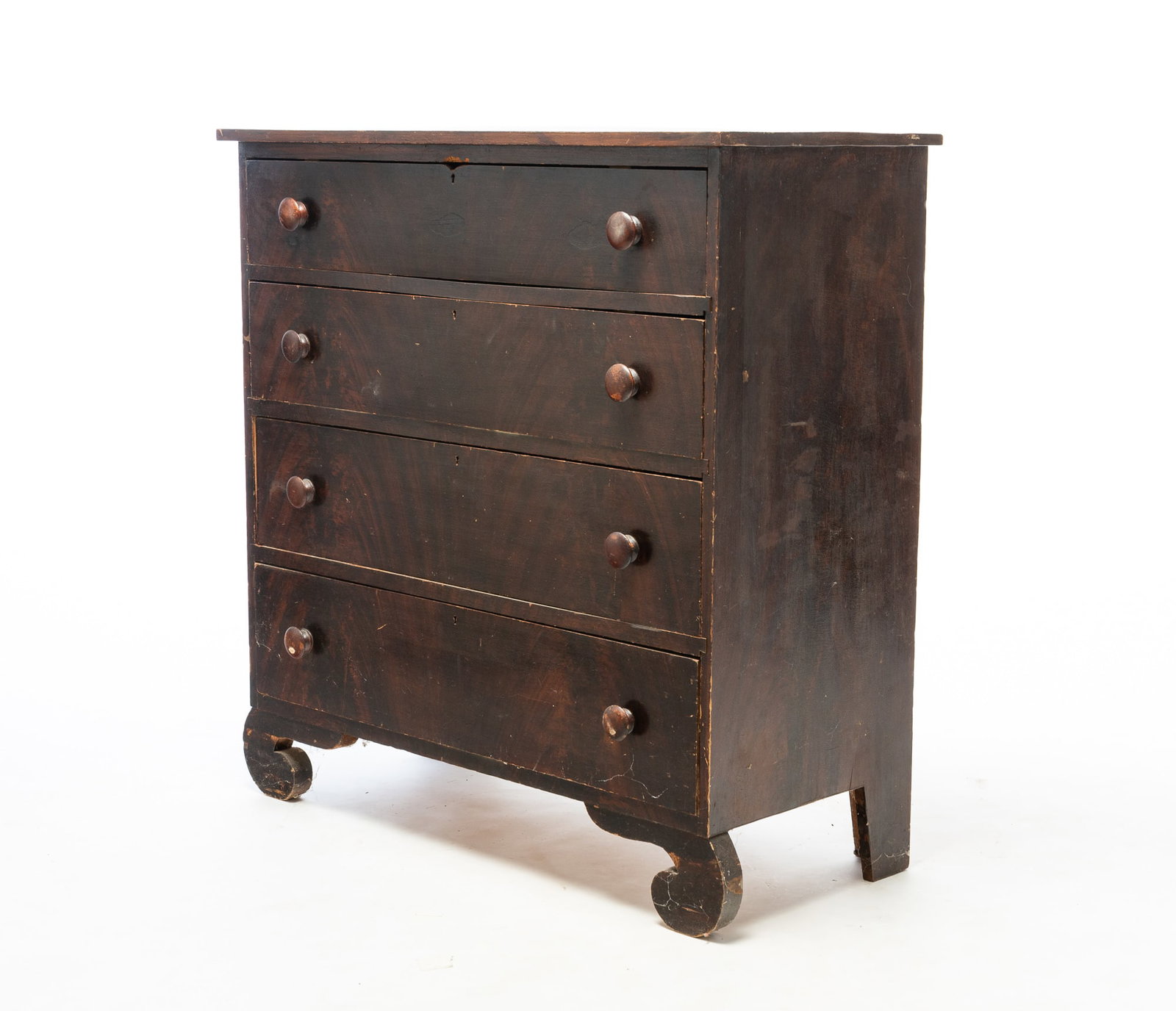 NEW ENGLAND COUNTRY EMPIRE GRAIN PAINTED CHEST OF DRAWERS.: NEW ENGLAND COUNTRY EMPIRE GRAIN PAINTED CHEST OF DRAWERS. American, 19th Century. Birch. One board top, solid ends, four dovetailed drawers, scrolled legs, and original warm dark grain paint.