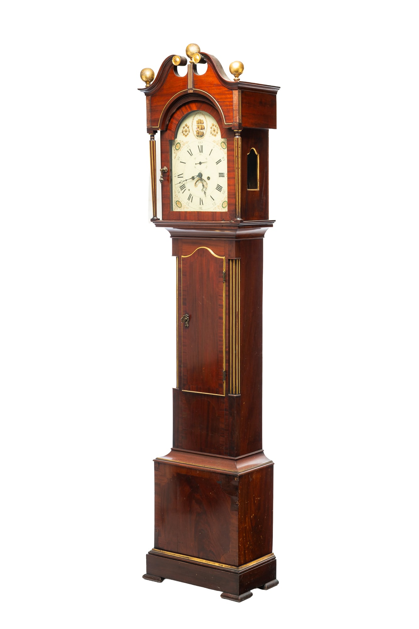 MAHOGANY FEDERAL TALL CASE CLOCK WITH SHIP AND GILT TRIM. (1 of 10)