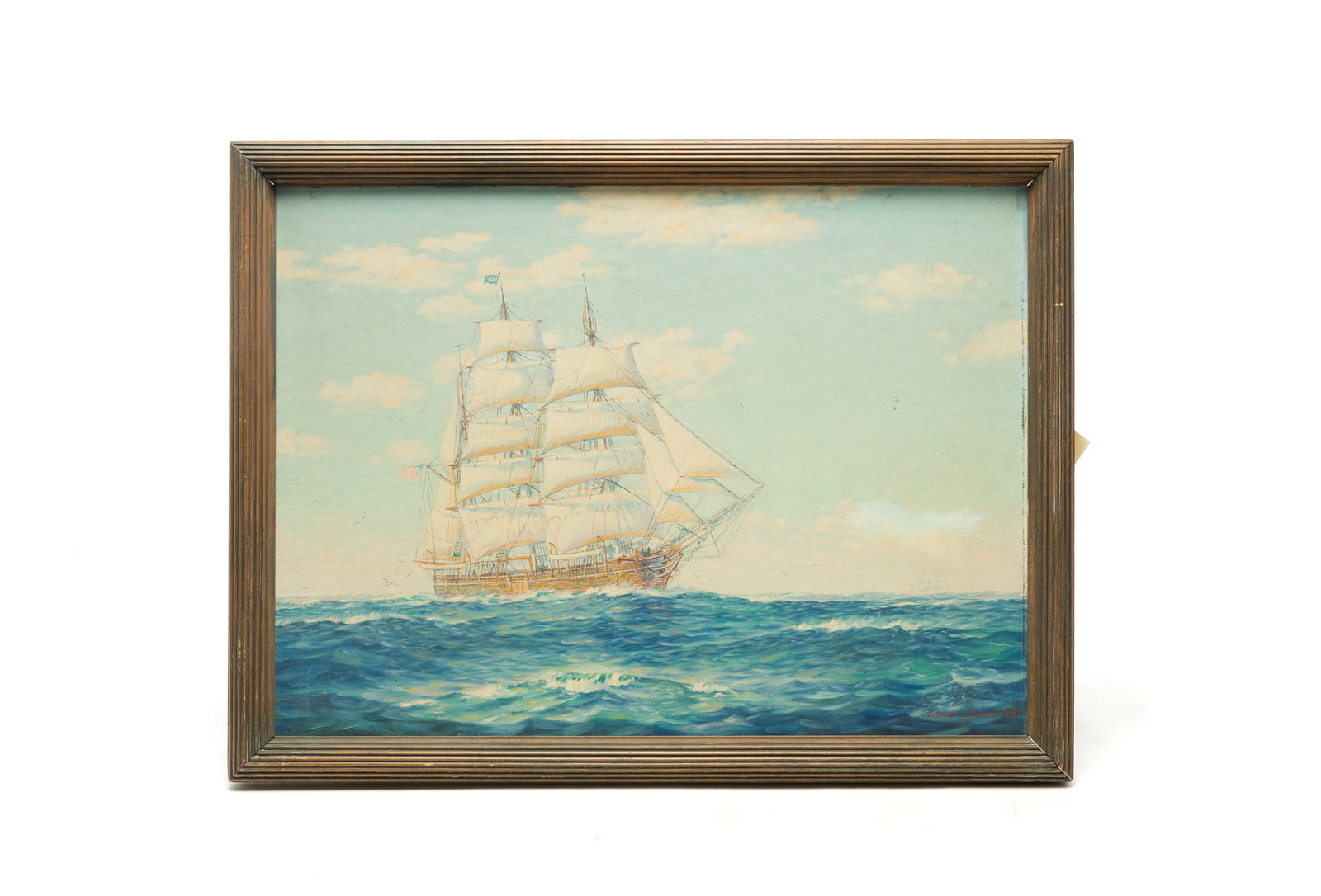 OIL ON BOARD OF THE CHARLES W. MORGAN WHALER SHIP BY LOUIS SYLVIA (MASSACHUSETTS, 1911-1987).: OIL ON BOARD OF THE CHARLES W. MORGAN WHALER SHIP BY LOUIS SYLVIA (MASSACHUSETTS, 1911-1987). American, 20th Century. Oil on board. Whaler ship Charles W. Morgan, the last whaler in New Bedford,