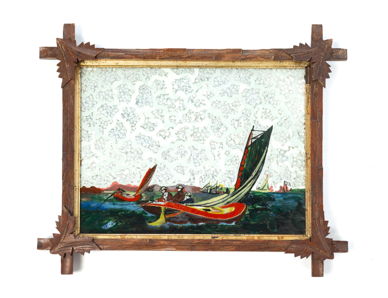 FRAMED TINSEL PICTURE.: FRAMED TINSEL PICTURE. American, 20th Century. Framed tinsel picture featuring a vibrant scene of boats and figures on water. The reverse-painted glass creates a luminous effect when combined with