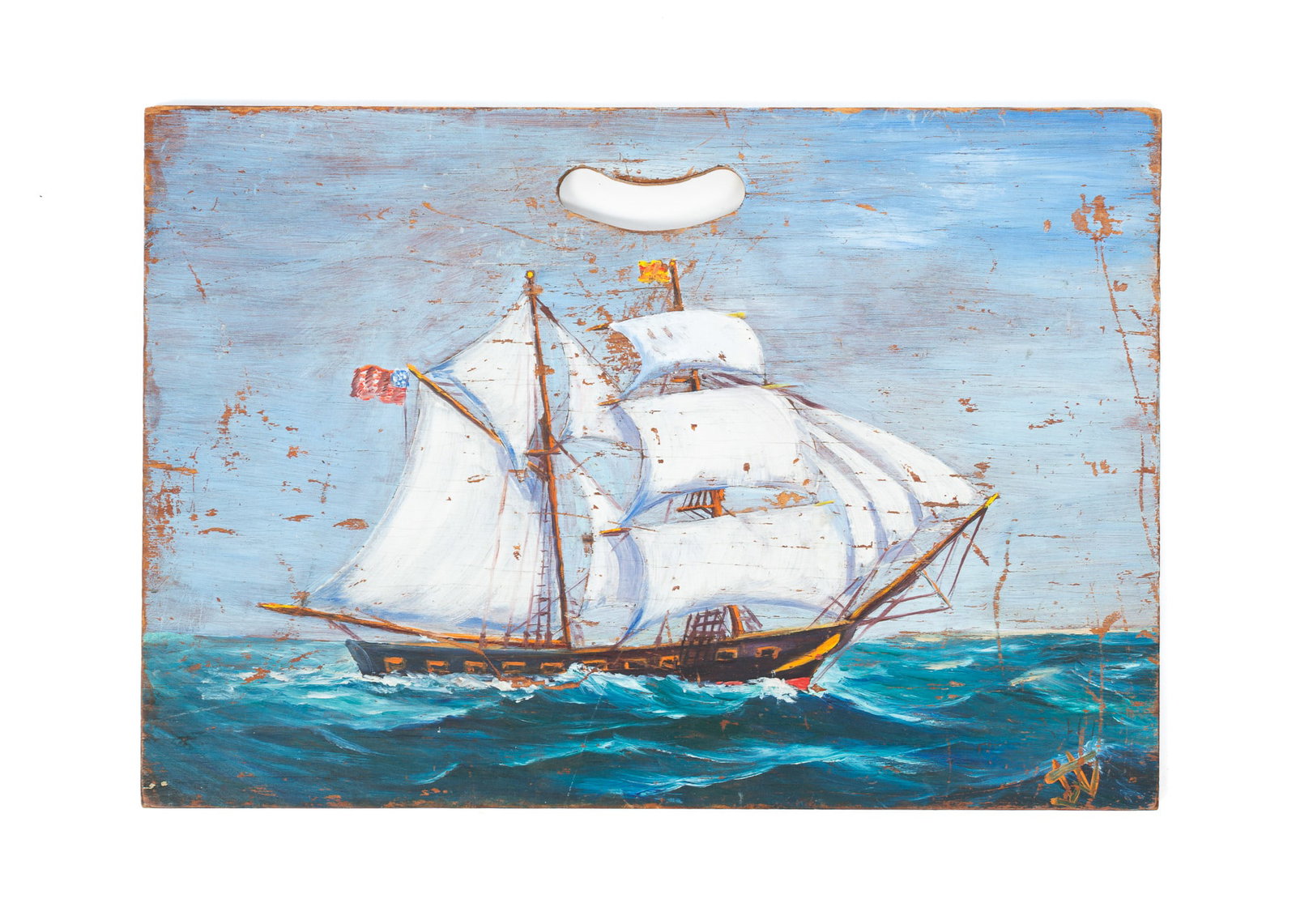 PAINTING ON WOODEN PANEL OF SAILING SHIP: PAINTING ON WOODEN PANEL OF SAILING SHIP American, 20th Century. Oil on board. Depicting a ship with full sails navigating over turbulent blue waters. Painted on a wood board, the piece showcases an