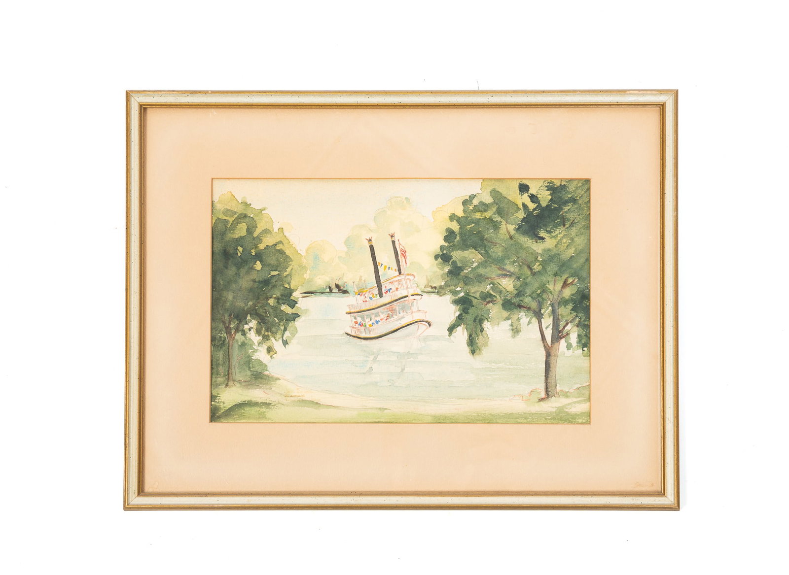 FRAMED WATERCOLOR RIVERSCAPE OF A STEAMBOAT. (1 of 4)