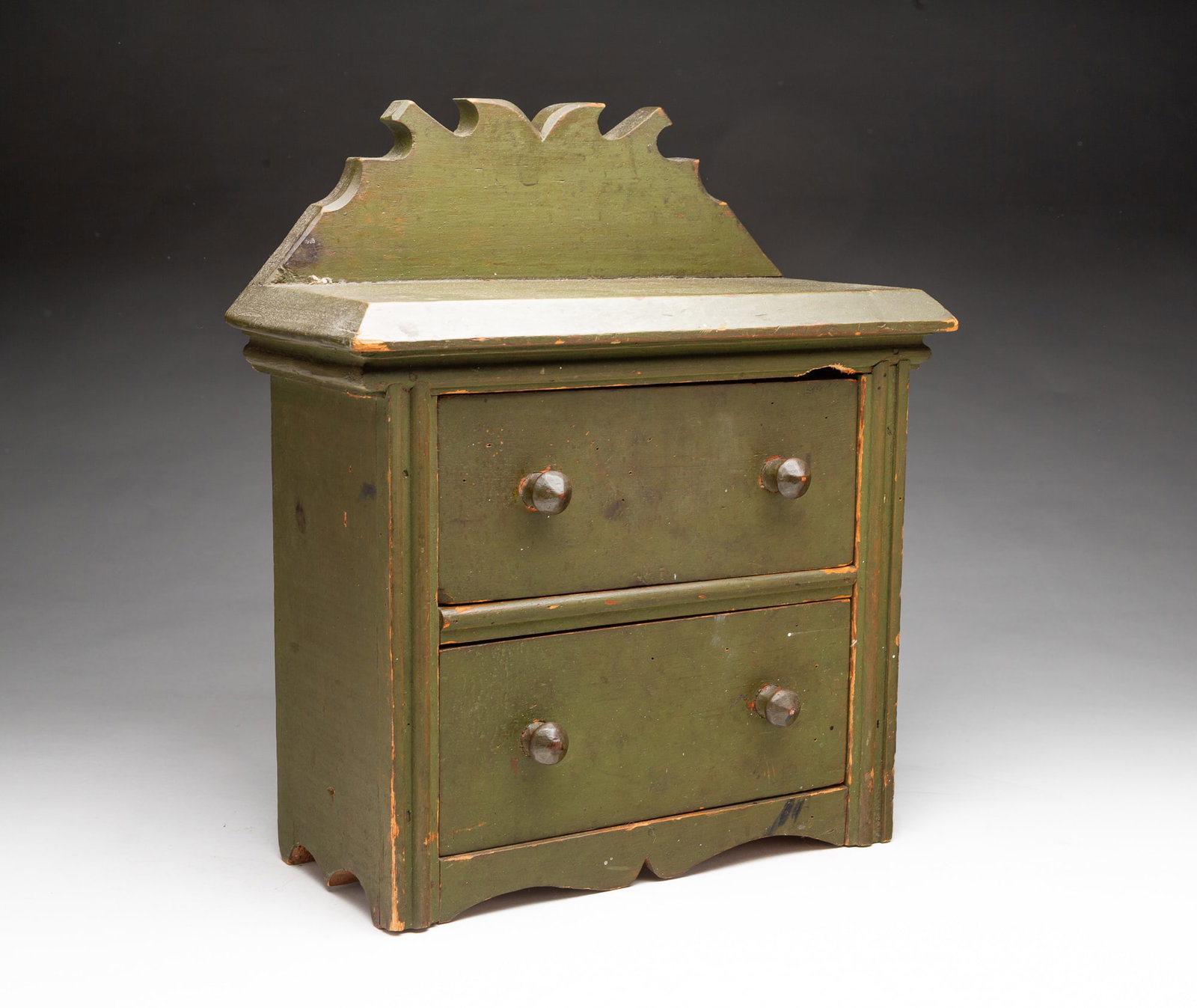 MINIATURE GREEN-PAINTED TWO-DRAWER DOLL'S CHEST. (1 of 5)