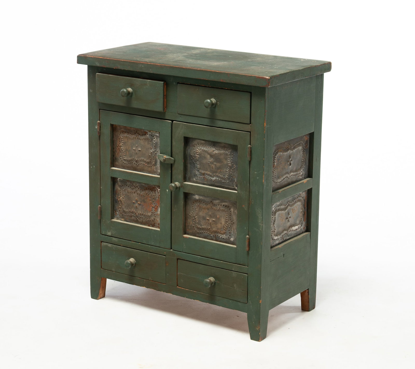 DIMINUTIVE GREEN-PAINTED AND PUNCHED TIN DOLL SIZE PIE SAFE. (1 of 5)