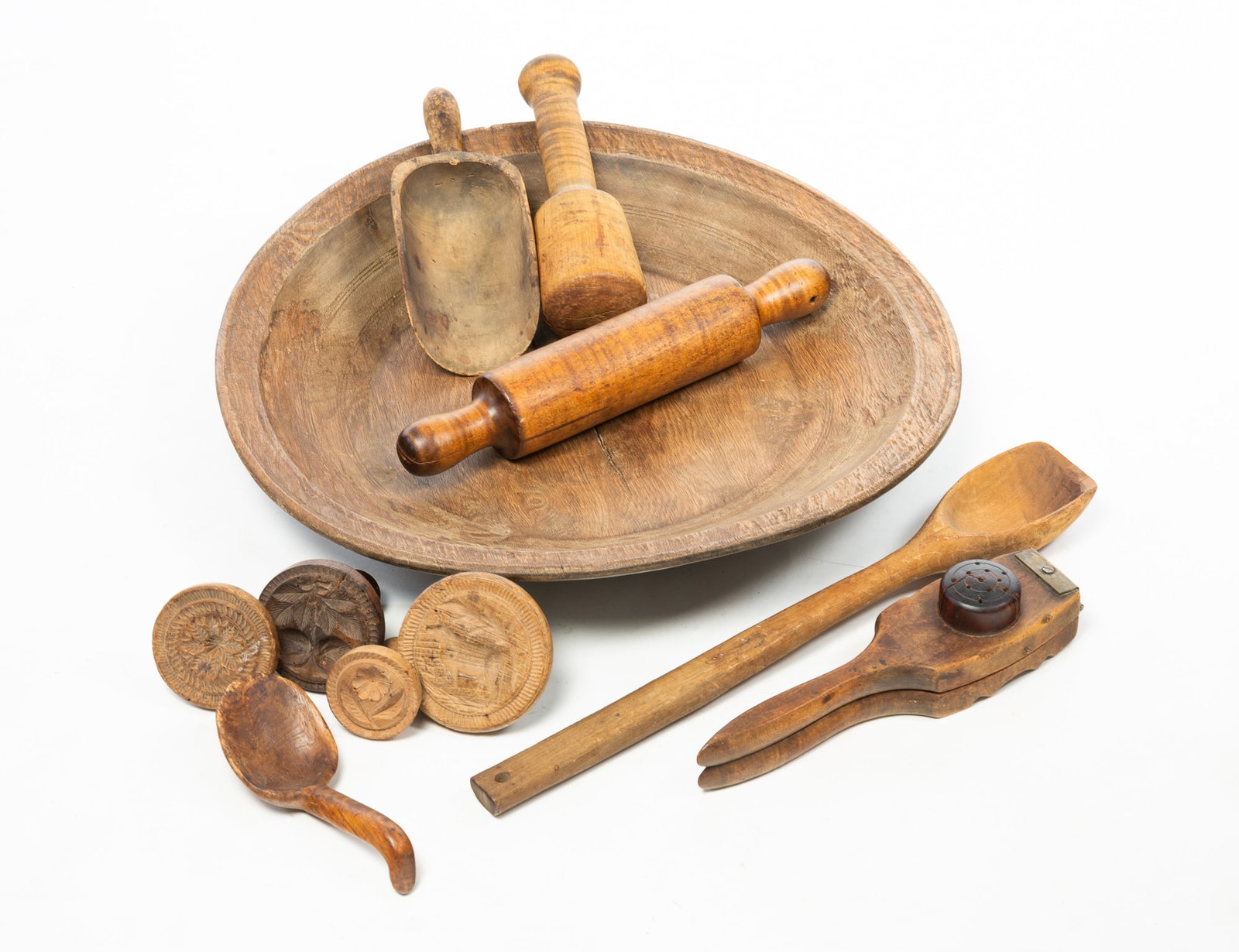 LARGE TURNED WOODEN BOWL WITH WOODEN KITCHEN IMPLEMENTS. (1 of 8)