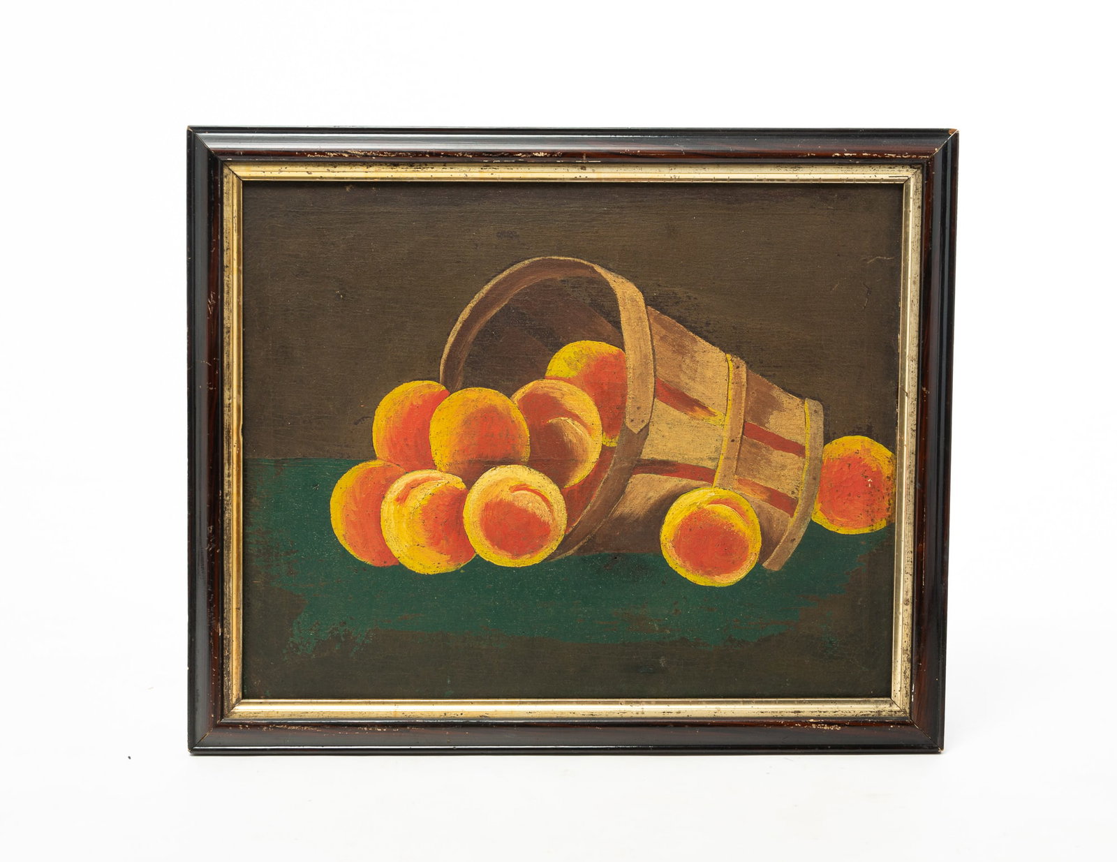 OIL ON CANVAS STILL LIFE OF PEACHES.: OIL ON CANVAS STILL LIFE OF PEACHES. Second half 19th Century. A basket of peaches on a green tabletop with a tan background. Canvas, 16"h. 20"w. In a period frame, 18.5"h. 22.5"w. Provenance: The