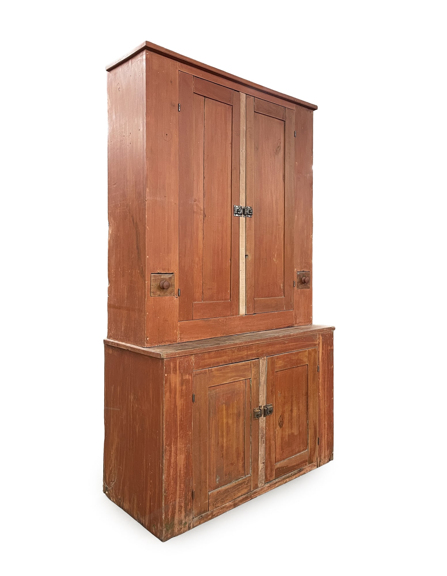 PRIMITIVE STEPBACK CUPBOARD WITH RED STAIN. (1 of 9)