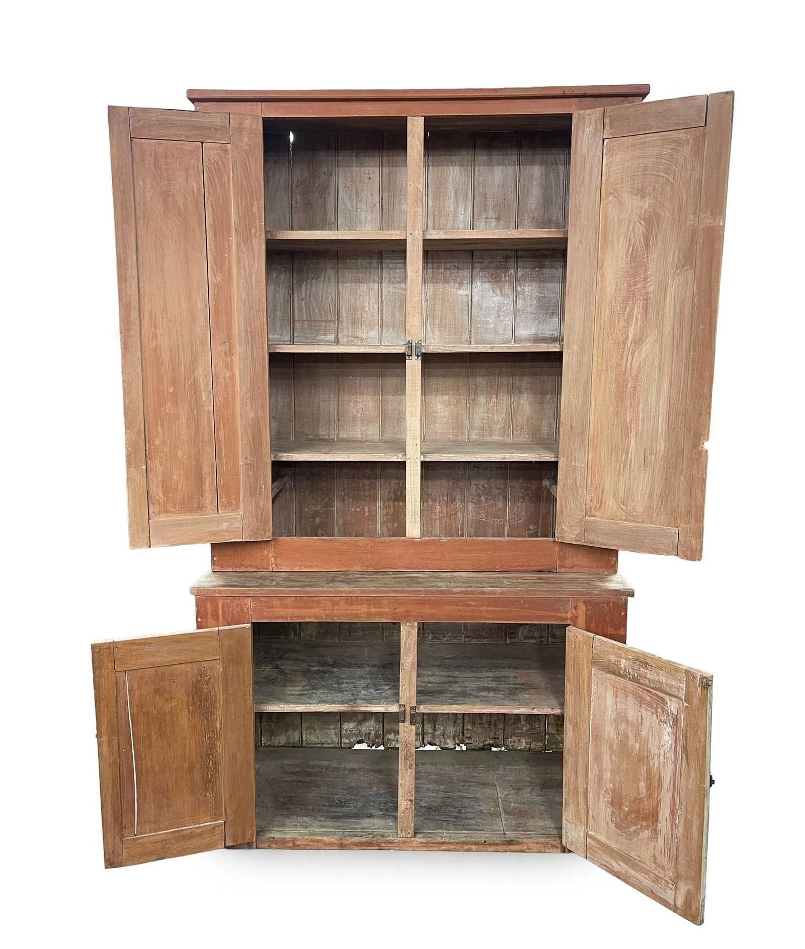 PRIMITIVE STEPBACK CUPBOARD WITH RED STAIN. - 2