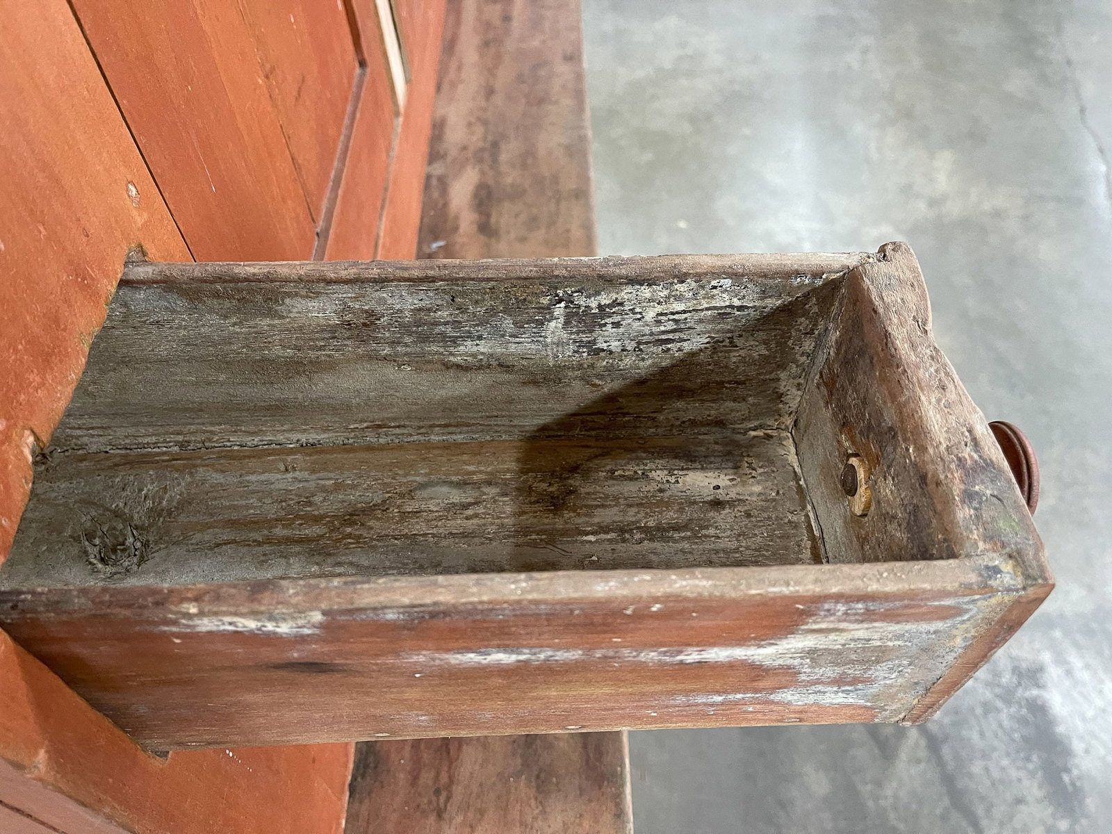 PRIMITIVE STEPBACK CUPBOARD WITH RED STAIN. - 6