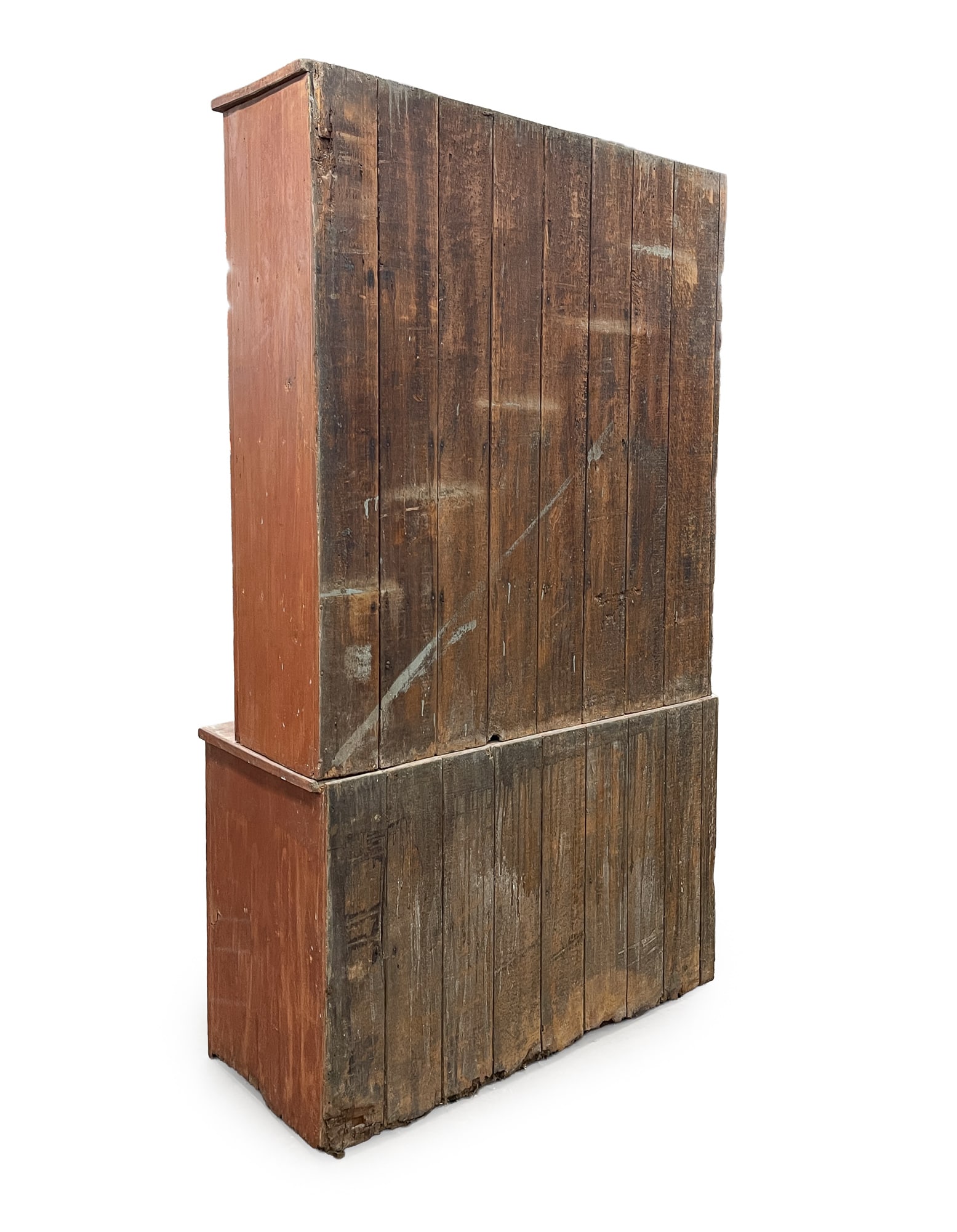PRIMITIVE STEPBACK CUPBOARD WITH RED STAIN. - 9