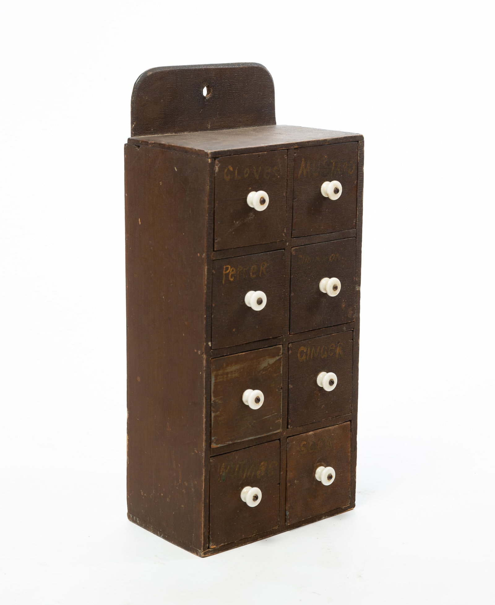 COUNTRY HANGING EIGHT-DRAWER BROWN-PAINTED WOODEN SPICE CABINET. (1 of 6)