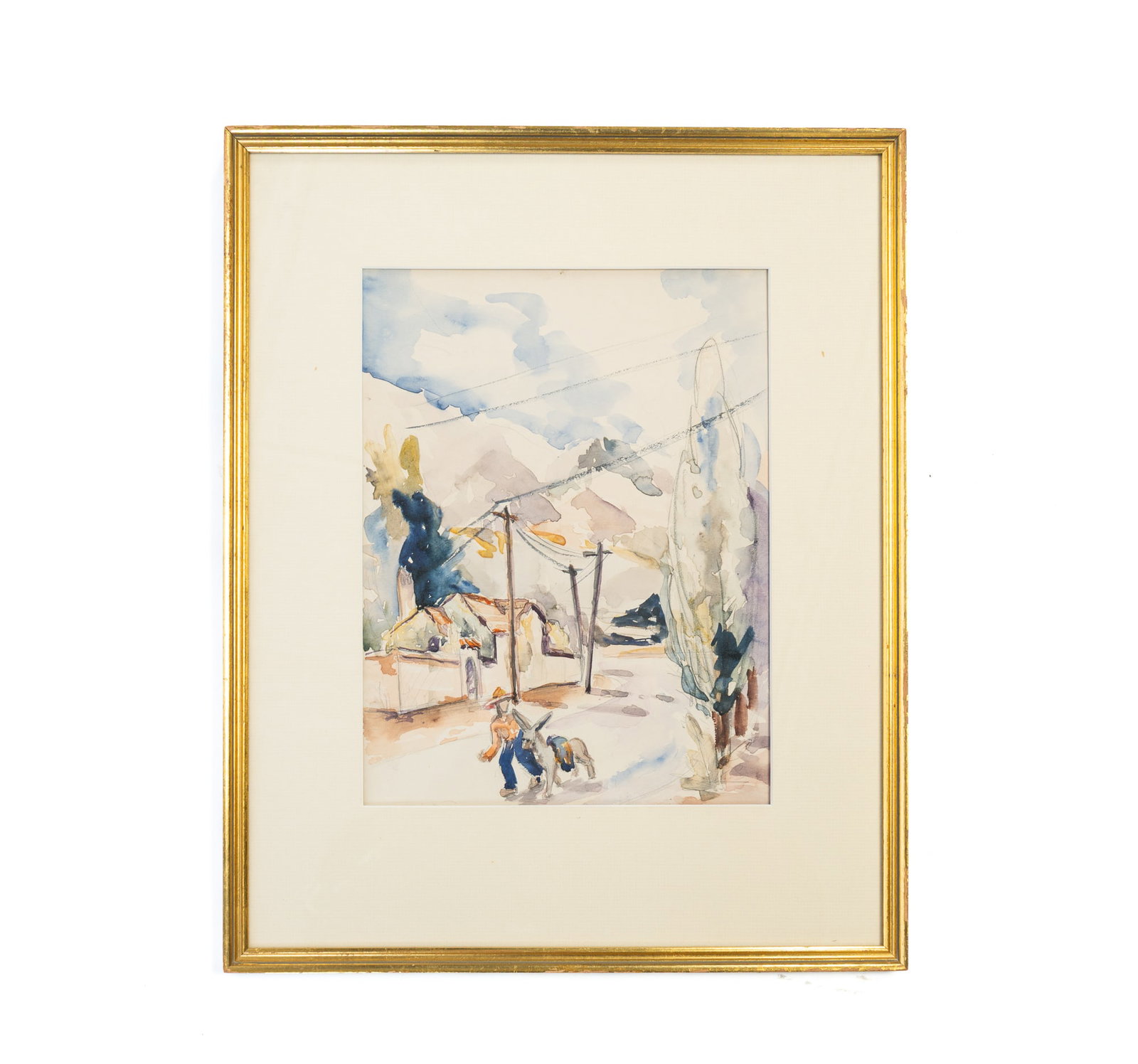 ATTRIBUTED TO JOSEPH HENRY SHARP (AMERICAN, 1859-1953) WATERCOLOR OF MAN WITH DONKEY.: ATTRIBUTED TO JOSEPH HENRY SHARP (AMERICAN, 1859-1953) WATERCOLOR OF MAN WITH DONKEY. Second quarter 20th Century. On paper. Depicting a man and donkey walking down a road lined by trees, houses, and 