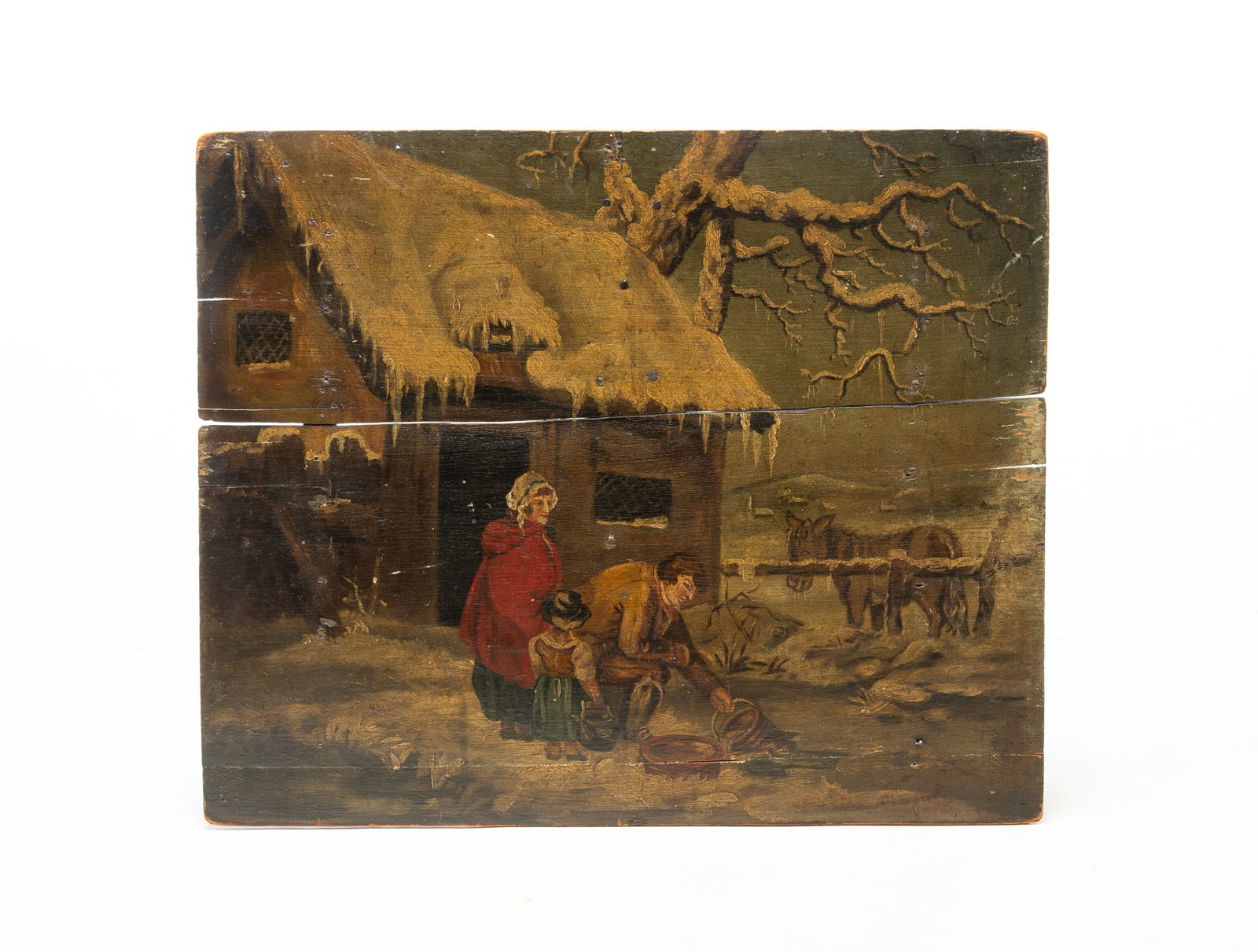 OIL ON WOOD PANEL OF A FAMILY GATHERING WATER, SIGNED.: OIL ON WOOD PANEL OF A FAMILY GATHERING WATER, SIGNED. American, 19th Century (ca. 1815). Two panels with battens and square nails. Depicting a mother, father, and child outside of a snow-covered cabi