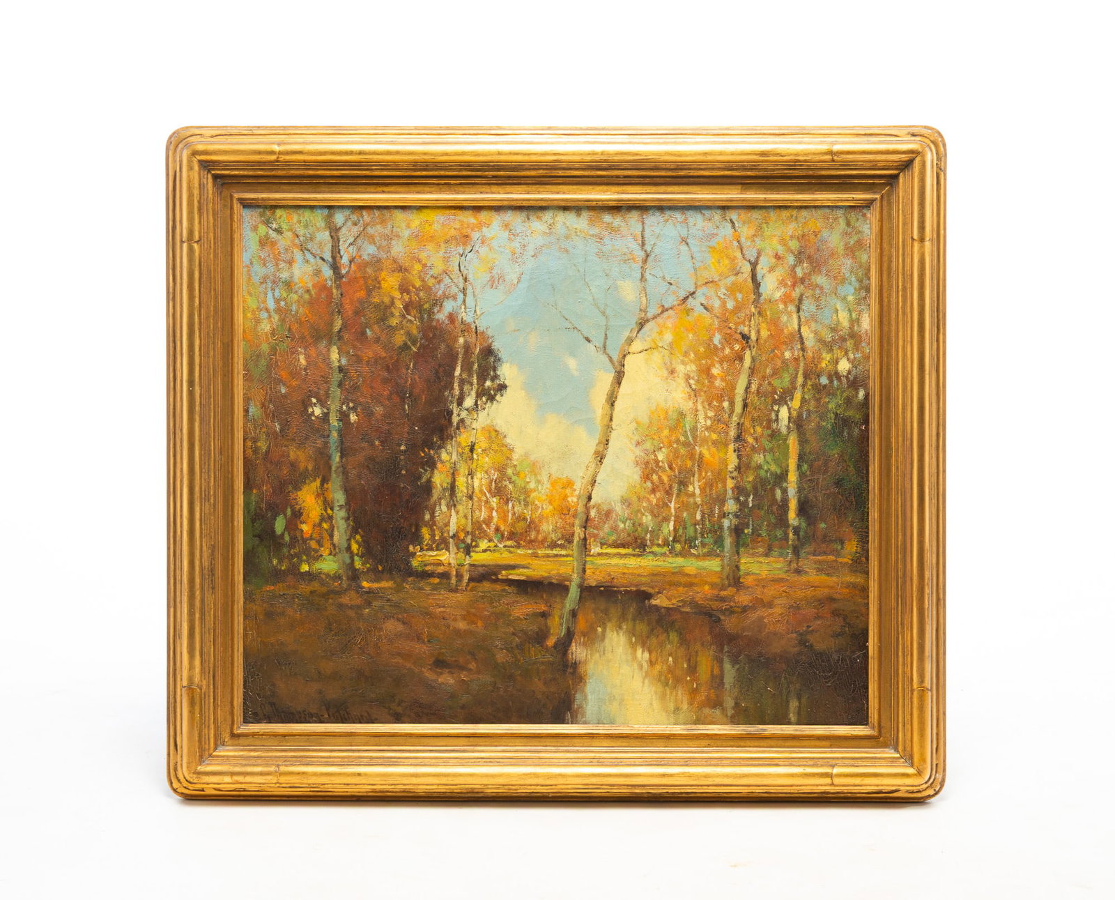 GEORGE THOMPSON PRITCHARD (CALIFORNIA, 1878-1962) OIL ON CANVAS OF A LANDSCAPE.: GEORGE THOMPSON PRITCHARD (CALIFORNIA, 1878-1962) OIL ON CANVAS OF A LANDSCAPE. American, 20th Century. Depicting a woodsy scene with a stream, signed "G. Thompson-Pritchard" at lower left, in a gilt 
