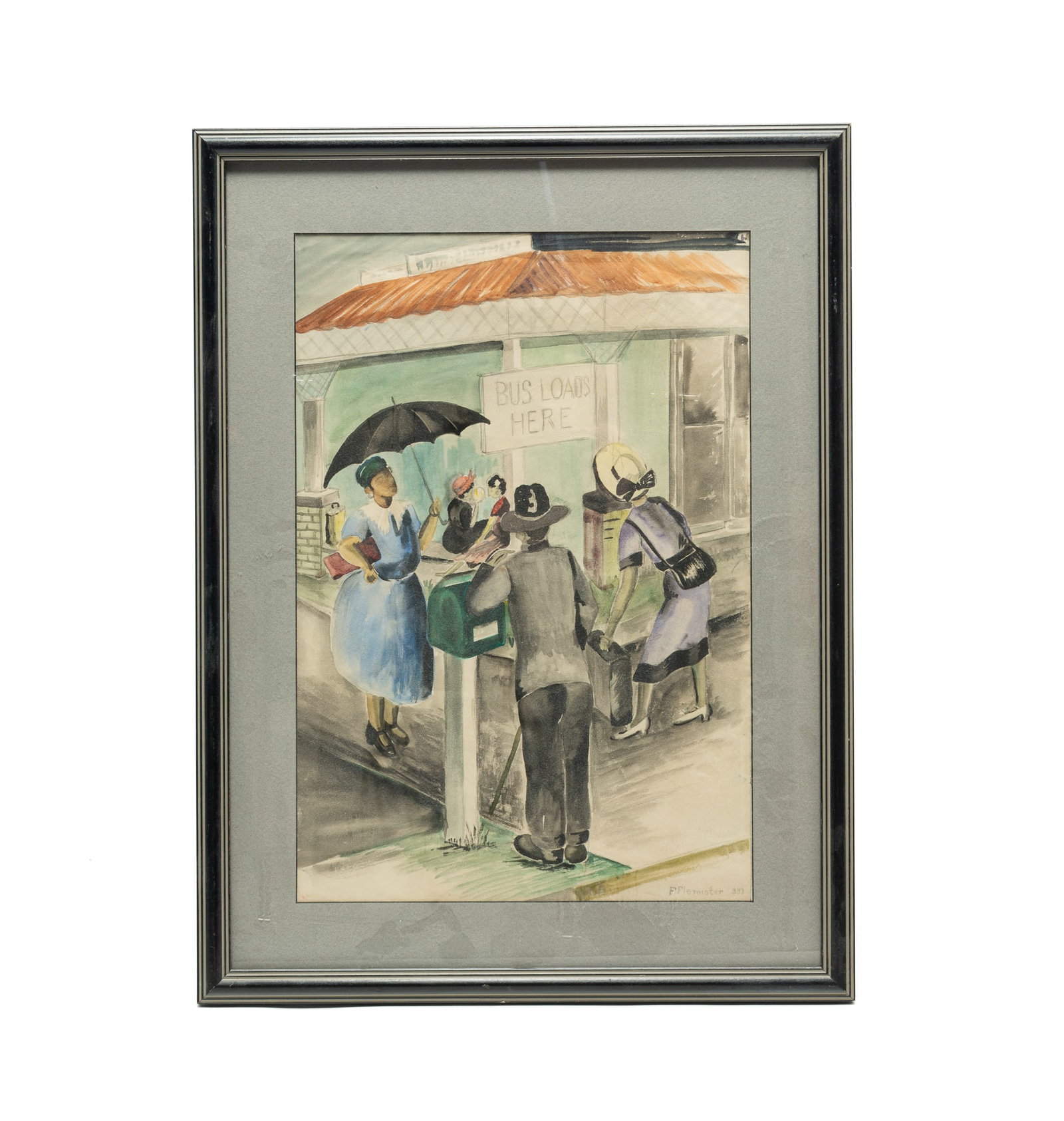 FREDERICK C. FLEMISTER (ATLANTA, 1917-1976) WATERCOLOR OF BUS STATION GENRE SCENE.: FREDERICK C. FLEMISTER (ATLANTA, 1917-1976) WATERCOLOR OF BUS STATION GENRE SCENE. American, Mid-20th Century. On paper. Depicting a group of well-dressed figures waiting at a bus station with sign re