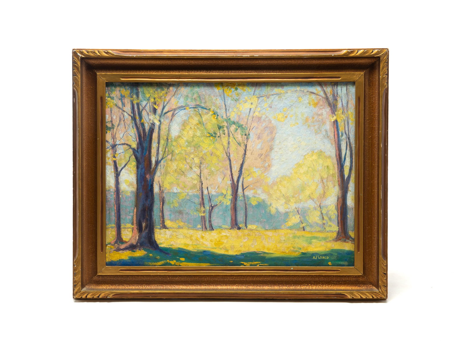 SUMMER LANDSCAPE OIL ON CANVAS BY ALFRED JAMES WANDS (1904-1980).: SUMMER LANDSCAPE OIL ON CANVAS BY ALFRED JAMES WANDS (1904-1980). American, 20th Century. Oil on canvas. Tree-filled landscape under a sunny sky. Signed lower right. Sight, 23.5"h. 31.5"w. In a giltwo