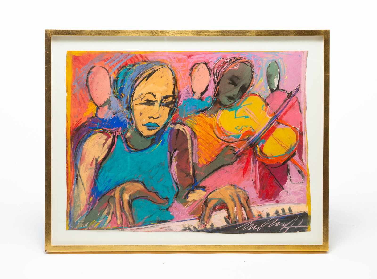 CONTEMPORARY EXPRESSIONIST PASTEL OR OIL STICK ON PAPER OF TWO MUSICIANS, IN A HACKMAN FRAME.: CONTEMPORARY EXPRESSIONIST PASTEL OR OIL STICK ON PAPER OF TWO MUSICIANS, IN A HACKMAN FRAME. American, Contemporary. Large, colorful pastel or oil stick on paper of a woman playing the piano and anot