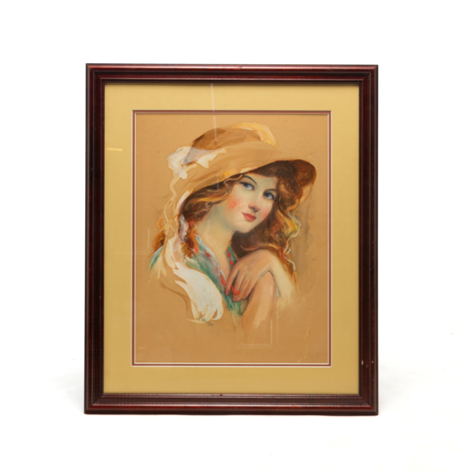 MIXED MEDIA ON PAPER OF A YOUNG WOMAN WEARING A BONNET, SIGNED "J. WRIGHT.": MIXED MEDIA ON PAPER OF A YOUNG WOMAN WEARING A BONNET, SIGNED "J. WRIGHT." American, early 20th Century. A colorful depiction of a young woman wearing a brown bonnet with cascading white ribbons, a r
